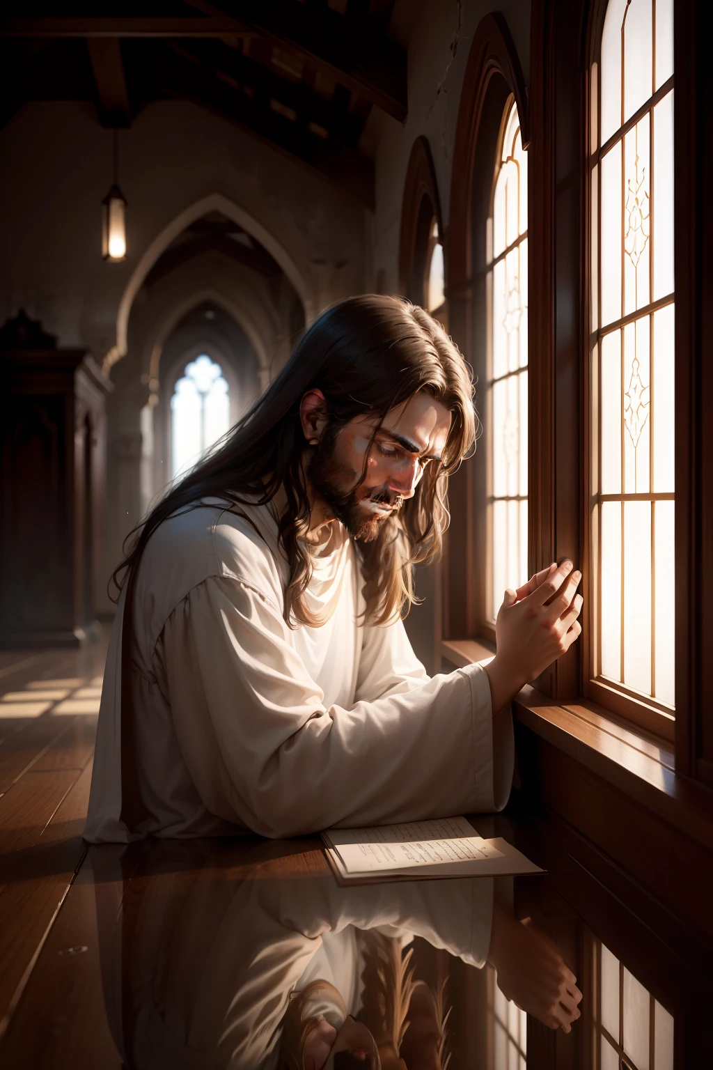 Create a realistic image of Jesus Christ reflectively and in prayer.