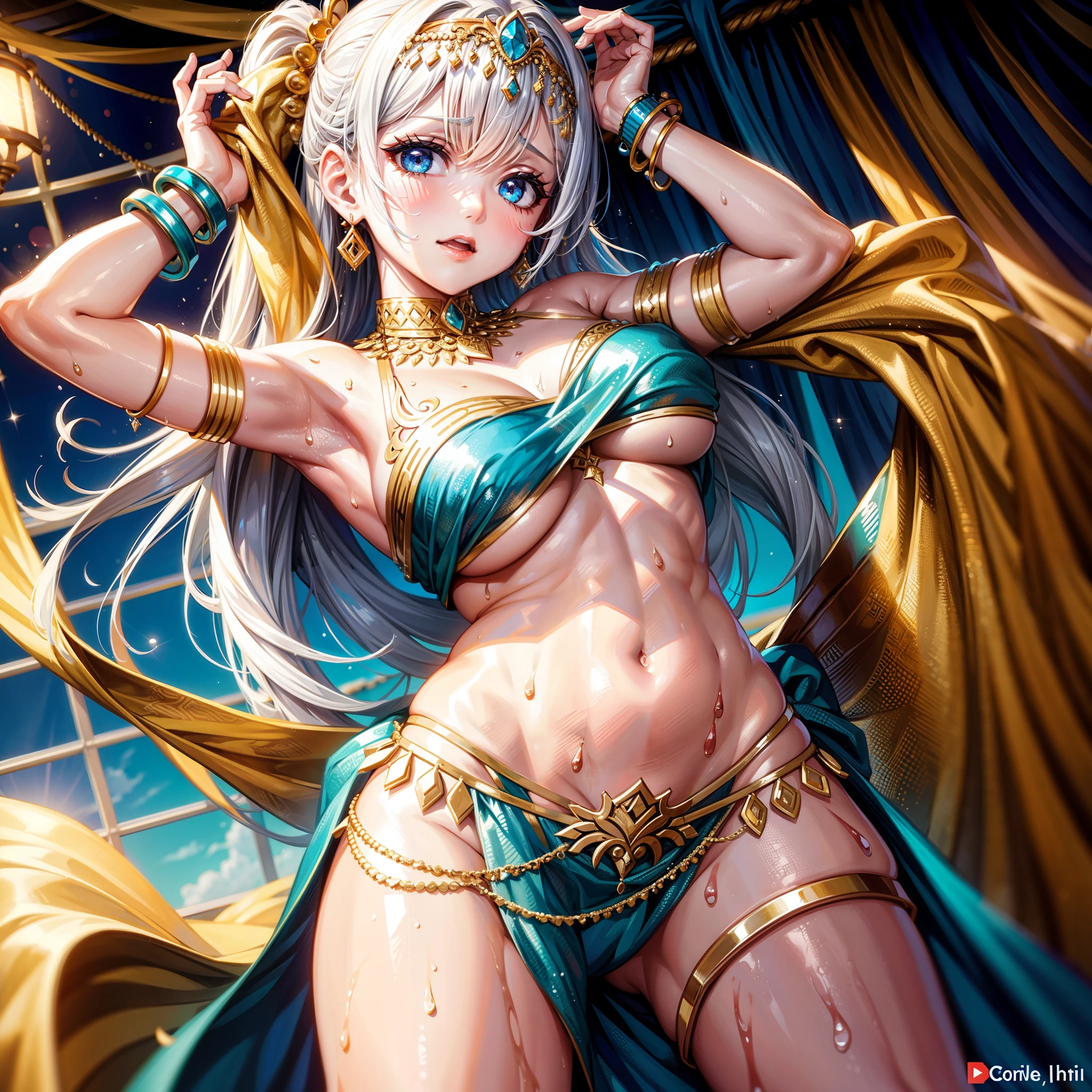 1girll,Belly dance costumes,Get wet,Covered in sweat,full bodyesbian,ankle bracelets