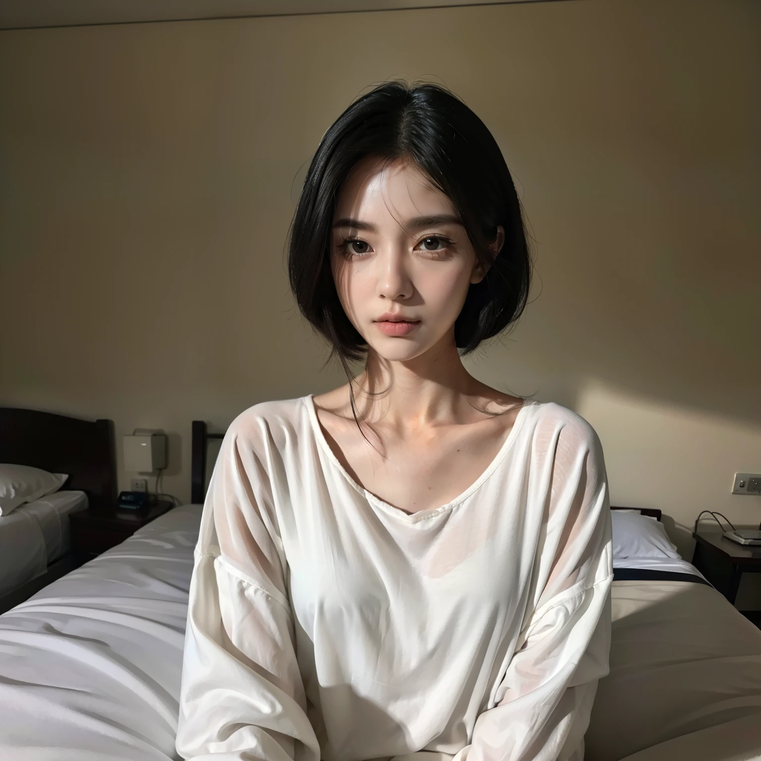 top-quality, masterpiece, 超A high resolution, 8K, Unripe, (photographrealistic:1.4), rendered, depth of fields, A slender, Large Hospital,The hospital room is a private room, detailed beautiful faces, 1 rapariga, cute little, 年轻,, Large black eyes, Black Hair Bob,White pajamas,