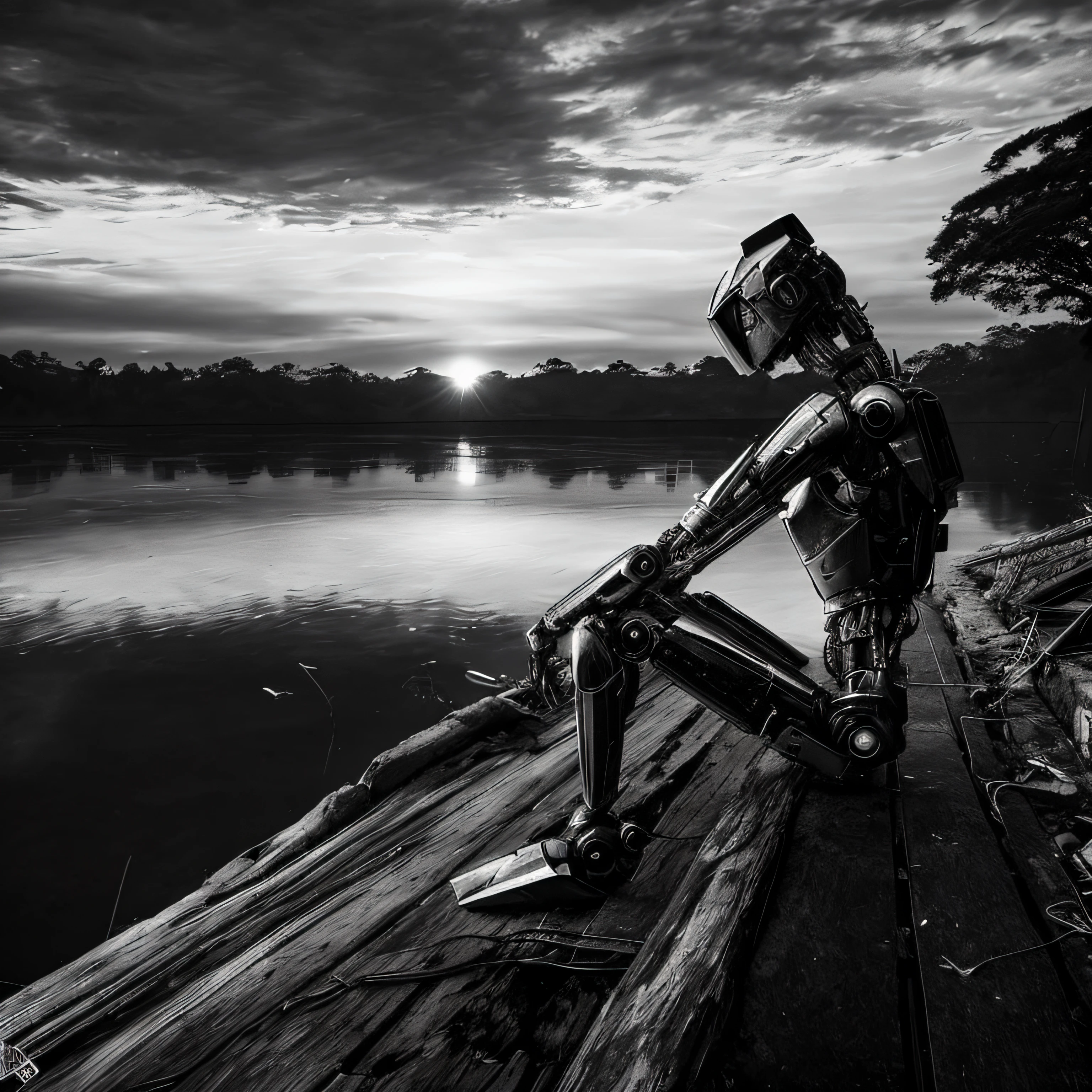 Sad, old Arafed robot sitting on an old, rustic dock with a lake in the background, robot photography, river flowing beside the robot, iron giant at sunset, robot art cracking the road, Directed by: Kuno Veeber, posing robotically, ( ( robot cyborgs ) ), sun sunset, robotic feeling, Directed by: David Bailly, lost in thought, obra de arte, um ciborgue meditando