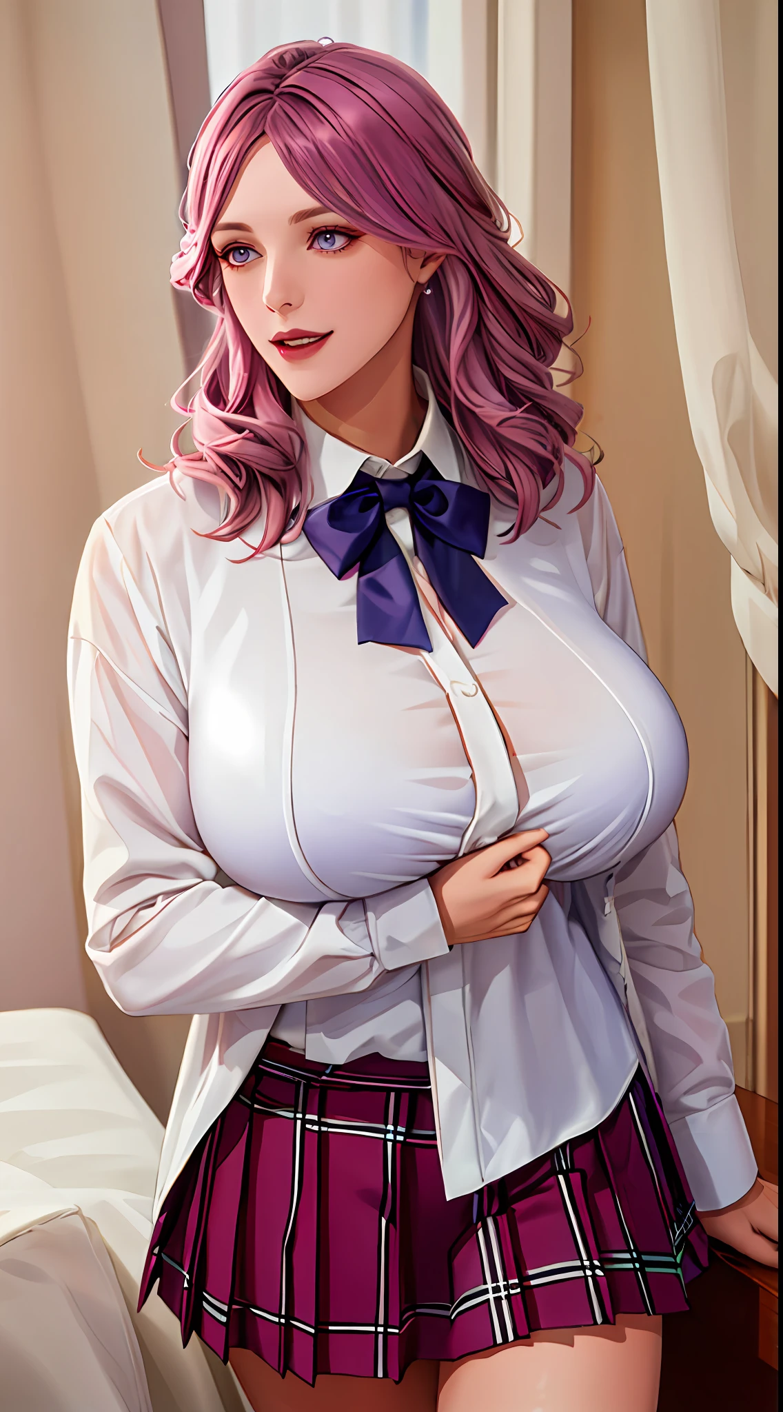 （（（Long hair,pink violet hair, Purple eyes, Makeup, Exquisite facial features，There is light in the eyes，laughingly，self-assured）））