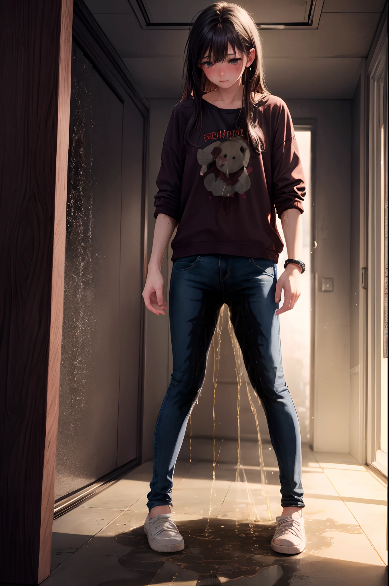best quality, masterpiece, highres, realistic, 8k, soft lighting, cinematic lighting, (3girls), 20 years old, blue jeans pants, full body, blush, worried, ((((((pee stain))))))