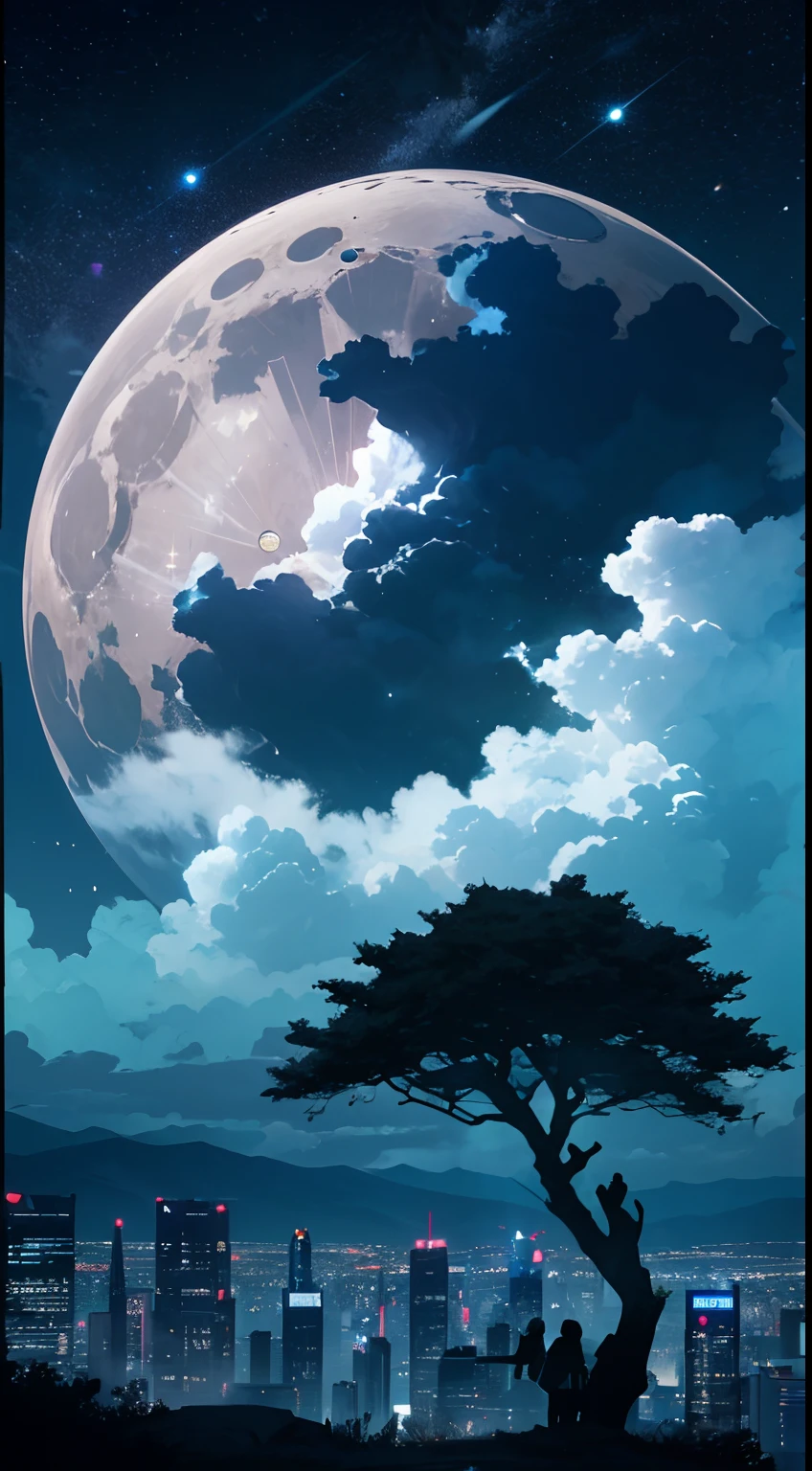 Skysky,As estrelas(Skysky),scenecy,starrysky,the night,nigh sky,独奏,exteriors,buliding,clouds,galactic,Couples who rely on each other,The tree,城市,siluette,view over city,themoon,shock