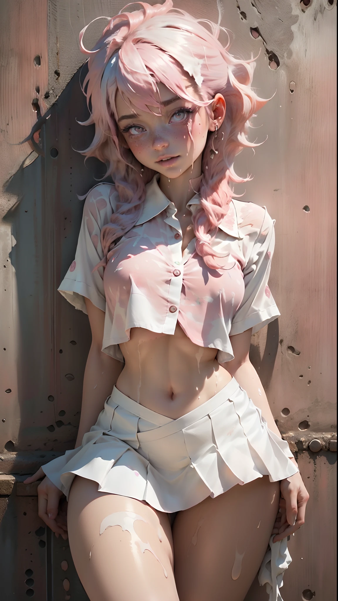 ((medium chest, -yeld gi small head)), ((15)) daylht, sunlight, (perfect body: 1.1), (young), (long wavy hair: 1.2), full-body shot, (girl wearing school uniform: 1.4, pleated skirt, button-down shirt), ((school uniform)), (extremely detailed CG 8k wallpaper), (an extremely delicate and beautiful one), (masterpiece), (best quality: 1.0), (ultra highres:  1.0), beautiful lighting, perfect lighting, realistic shadows, [highres], detailed skin, ultra-detailed, ((open legs)), (legs up), slim body) curved, large earring, thighs, (beautiful long hair),, thin collarbone, soft navel, soft midriff, soft back, top angle, sweaty, beautiful breasts, blush, photorealistic face, realistic, realistic eyes, small eyes, smile (((color))) (((neckline))), (freckles), (eye liner), (mascara),  ((wet thighs)), (((spread thighs)), ((((thick white liquid dripping from the body)))), ((hands on thighs)), ((((pink eyes)))), ((((pink hair))))