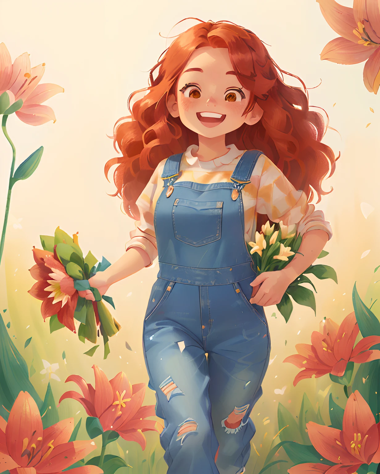 (Illustration of red-haired girl, medium and wavy hair, holding a bouquet of lilies. She's wearing denim overalls and sneakers, sorrindo alegremente. symmetrical face, olhos bem desenhados, perfeita anatomia)