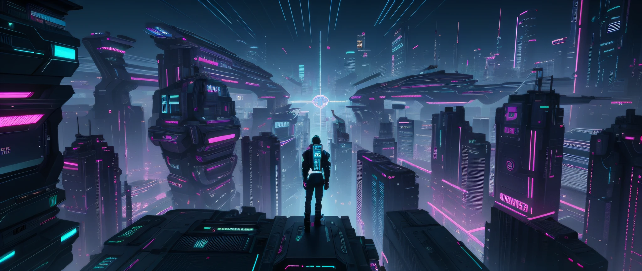 Cidade futuristica,A man stands on a rooftop overlooking the city at night, in a futuristic cyberpunk city, cyberpunk with neon lighting, futuristic cyberpunk scenario, cyberpunk atmosphere, at cyberpunk city, cyberpunk futuristic neo, cyberpunk city landscape, Cyberpunk lights, cyberpunk dreamscape, cyberpunk city in the distance, cyberpunk noir, cyberpunk lighting, Cyberpunk art style, Cyberpunk city, cyberpunk aesthetics