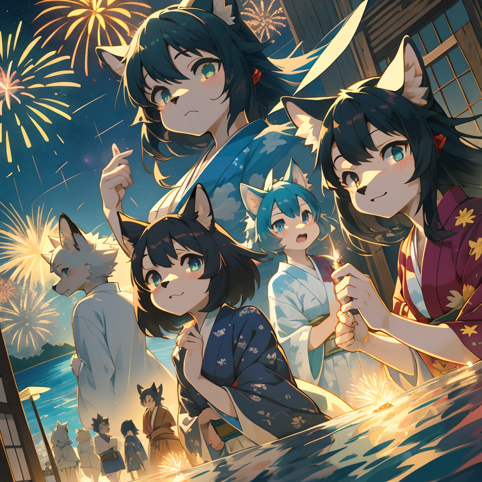 top quality, best quality, High-quality illustrations, masterpiece, super high resolution, detailed background, lake, nigh sky, firework, japanese yukata, 6+boys, 6+girls, absurdres(highly detailed beautiful face and eyes)perfect anatomy, expression, good lighting, cinematic shadow(kemono, furry anthro)assorted poses, dynamic angle,