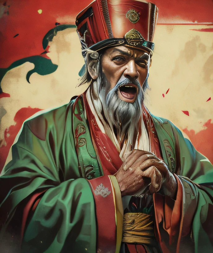 An old man with a beard and a red kimono and a green hat is screaming with wide eyes