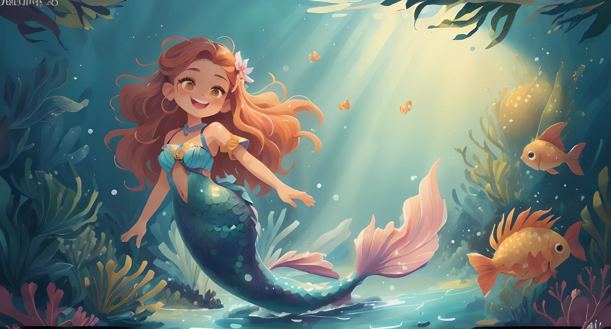 Minimalist Travel,diving,mermaid,Ariel、The girl is holding an umbrella and putting her hand on her cheek, Gazing into the distance, Thoughtful、Striking a dreamy pose, Conveying serenity and depth, Dutch Angle,Minimalism, In the beautiful coral reef, Colorful small fish、Beautiful sunlight、prism、shape.