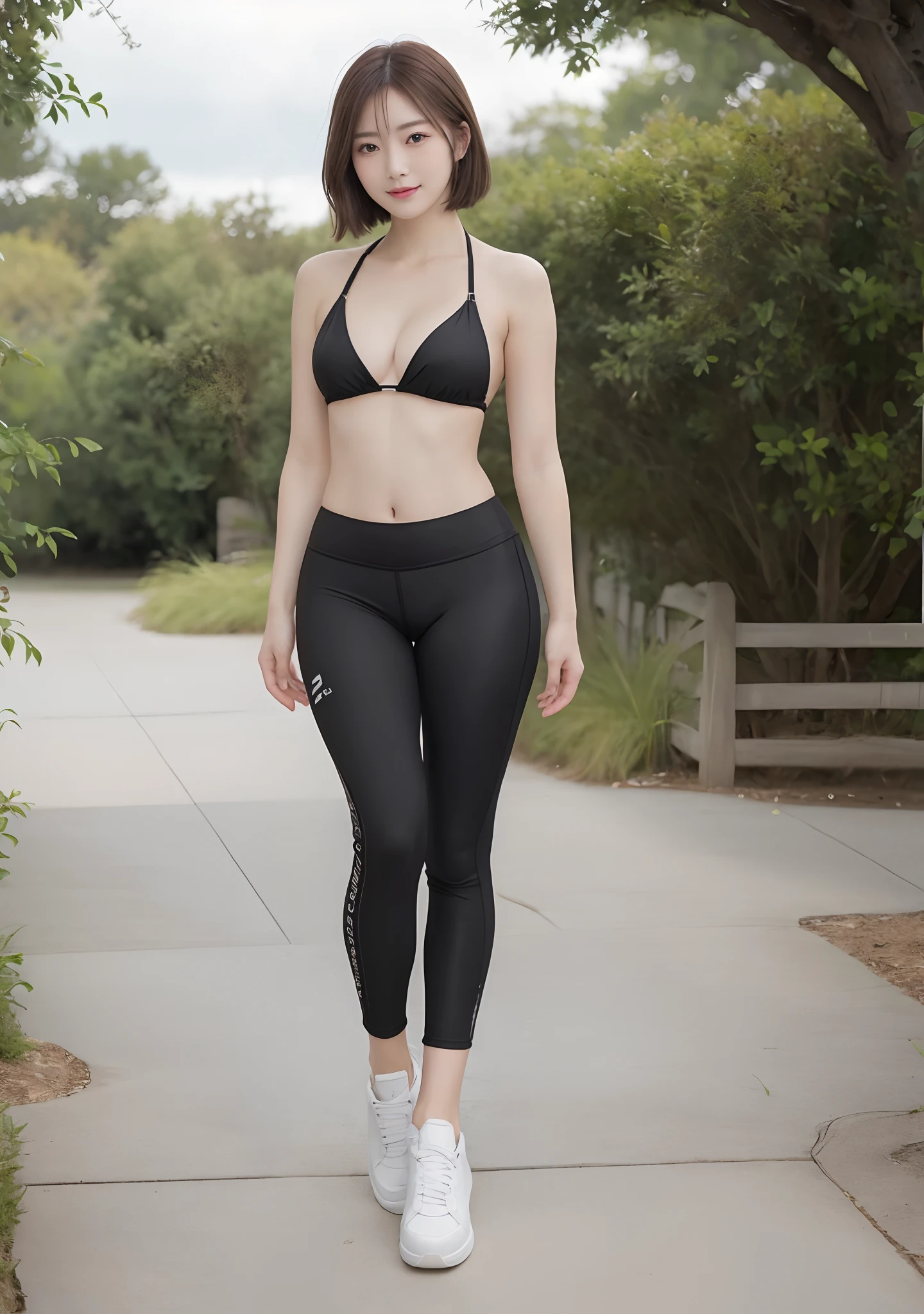 (16k, ultra high res, best quality, high quality, masterpiece:1.3), (a professional photo of girl), RAW photo, realistic illustration, (ultra detailed eyes and face), (ultra detailed beautiful skin),(Photos above the ankle:1.4), BREAK, solo photo, 1girl, japanese girl, standing, 25yo, beautiful, Petite facial features, Super Detail Beautiful Natural Skin, natural makeup, closed mouth, (brown hair), short hair, asymmetrical bangs, evil smile, narrow waist, slender, (wide hips:1.4), BREAK. she wearing (black micro bikini top, black low rise cycling pants), wearing white sneakers, cleavage, beautiful navel, outdoor grass park, she is very sexy, she is cute and beautifull,
