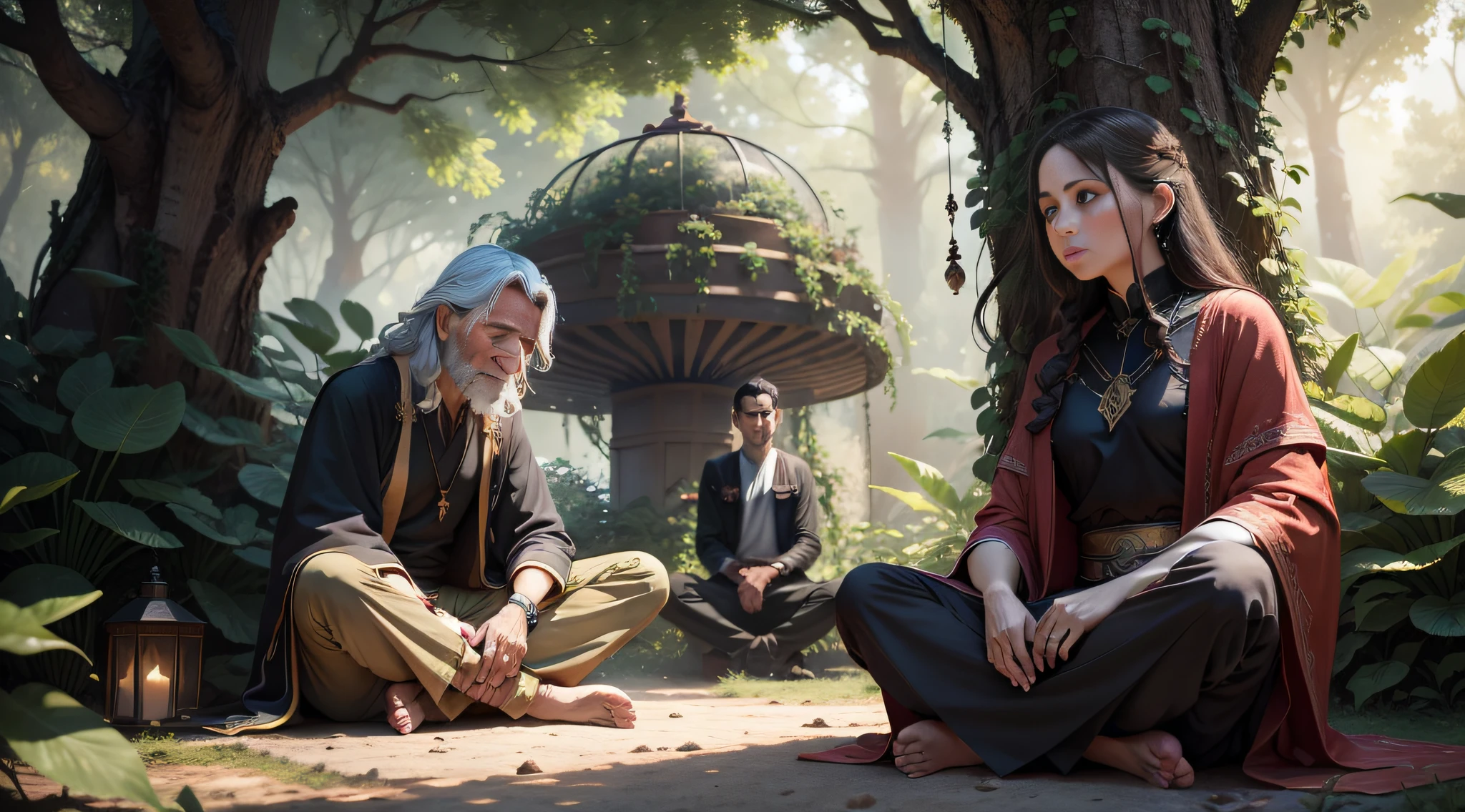 A Zen master sitting next to a tree and a loving young couple sitting on the ground, Dynamic, altamente detalhado, arts station, arte conceitual, macio, foco nítido, illustration, cena da selva, regra de cor 60-30- 10, Tons Cool, feeling dread, sense of mystery, Dia claro e ensolarado com nuvens esparsas. features of faces with Western features. Inserir um templo. 8k. realista
