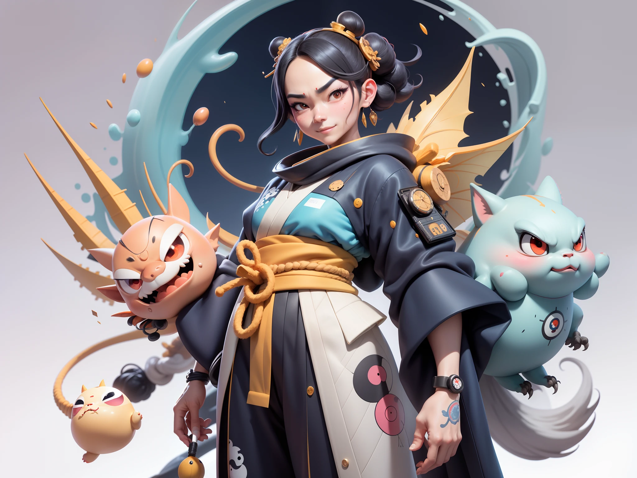 (Daisaku),(Need),(Super meticulous),(full bodyesbian:1.2),Japanese ukiyo-e girl,japanese geisha,Beautiful,Oriental dragon,Aeolian Thor,Raised sexy,爆乳,Oriental face,TV Anchor,Bust portrait illustration,Alone,In black suit,a blue tie,The face is slightly chubby,The face was clean,without a beard,Black super short hair,Black eyes,Smile confidently,3C computer sub-products,iPad, iphone,Digital painting,3D character design by Mark Clairen and Pixar and Hayao Miyazaki and Akira Toriyama,The illustration is a high-definition illustration in 4K resolution,With very detailed facial features and cartoon-style visuals。