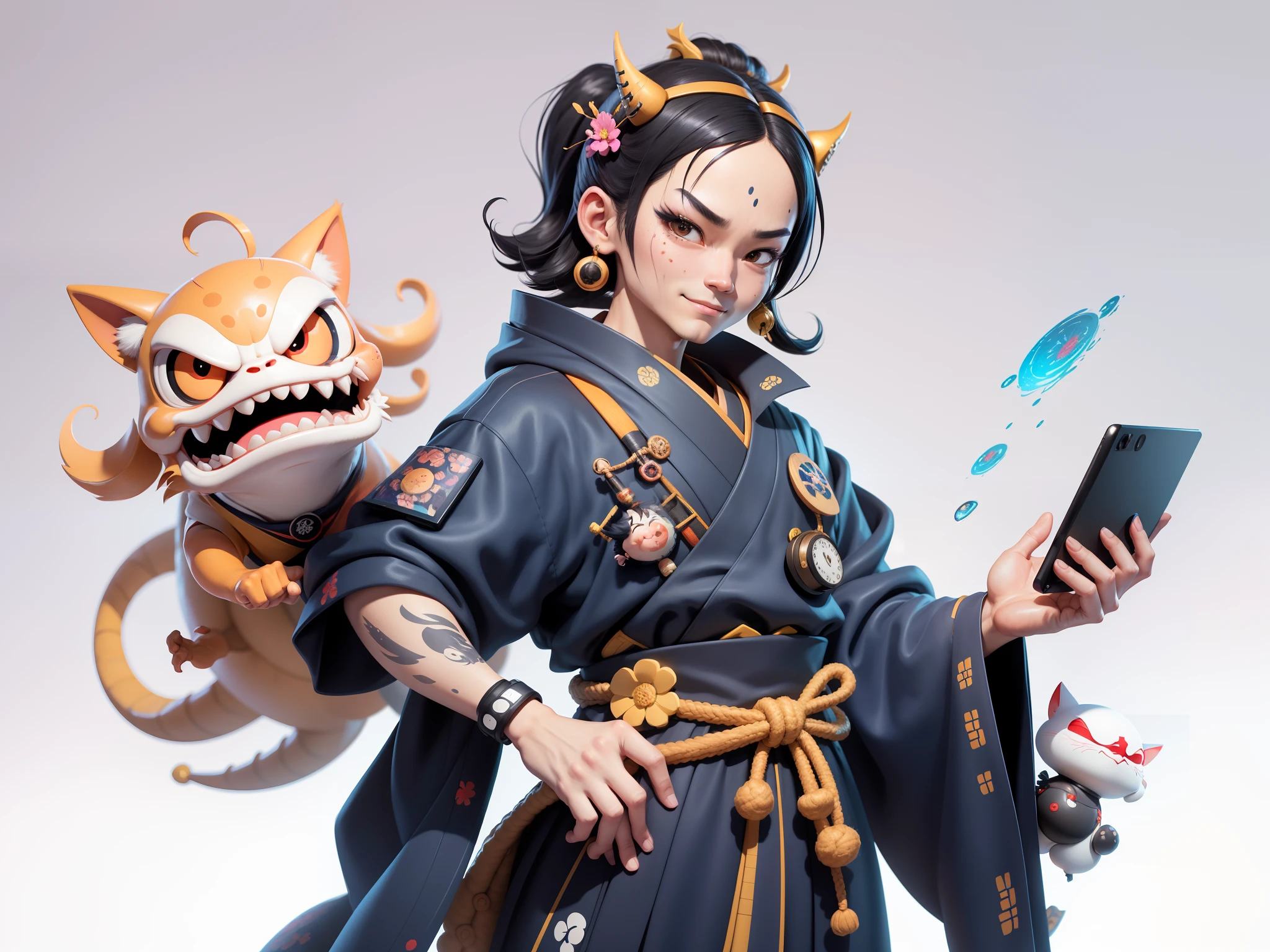 (Daisaku),(Need),(Super meticulous),(full bodyesbian:1.2),Japanese ukiyo-e girl,japanese geisha,Beautiful,Oriental dragon,Aeolian Thor,Raised sexy,爆乳,Oriental face,TV Anchor,Bust portrait illustration,Alone,In black suit,a blue tie,The face is slightly chubby,The face was clean,without a beard,Black super short hair,Black eyes,Smile confidently,3C computer sub-products,iPad, iphone,Digital painting,3D character design by Mark Clairen and Pixar and Hayao Miyazaki and Akira Toriyama,The illustration is a high-definition illustration in 4K resolution,With very detailed facial features and cartoon-style visuals。