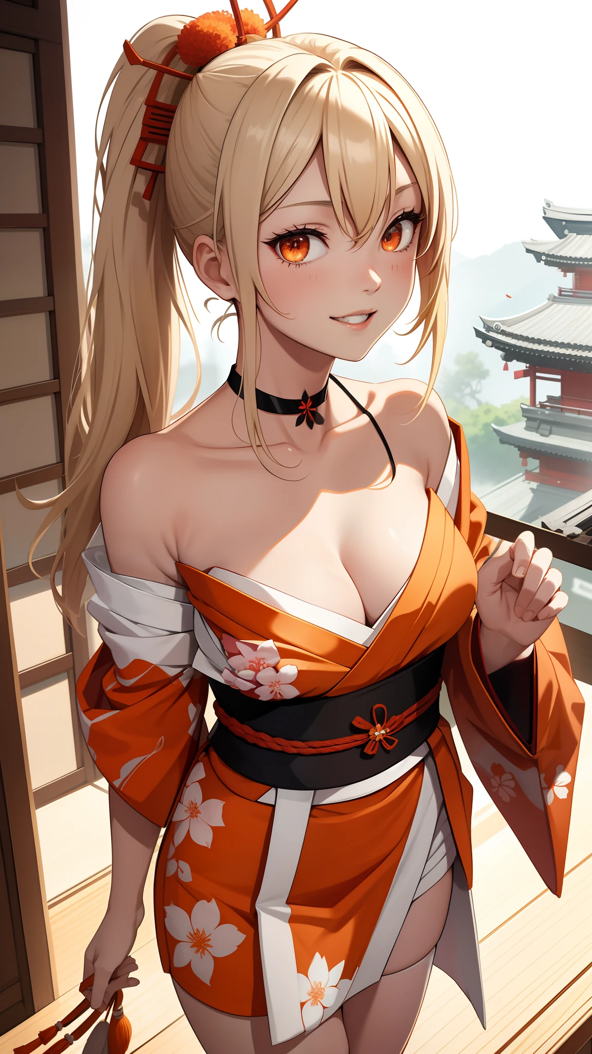 Masterpiece, Best quality, A high resolution, 1girll,(head portrait:1.5),Headshot,Portrait photo, (standing on your feet:1.4),Close-up shot,Blonde hair, Medium hair, Asymmetrical hair, Floating hair, hair between eye, High ponytail, side locks, hair adornments, fish hair ornament, nipple tassels, kanzashi, bangs, Orange eyes, Open mouth, Smile, teeth, Upper teeth only, choker necklace, Red necklace, pendant choker, butterfly choker, 鎖骨, tattoo, chest tattoo, flower tattoo, cleavage, Medium breasts, Thighs, Bandages, bandaged leg, Arashi, Budget Arashi, Chest sarashi, black sash, hadanugi dousa, houkisei, Japanese clothes, komono, Kinchaku, Obi, Obiage, obijime, orange kimono, pouch, print kimono, Cord, sash, shimenawa, Short kimono, Single bare shoulder, visions (Genshin Impact), east asian architecture, Cherry blossoms, Single glove, Single fingerless gloves, arms cuffs, Sitting, Legs together,