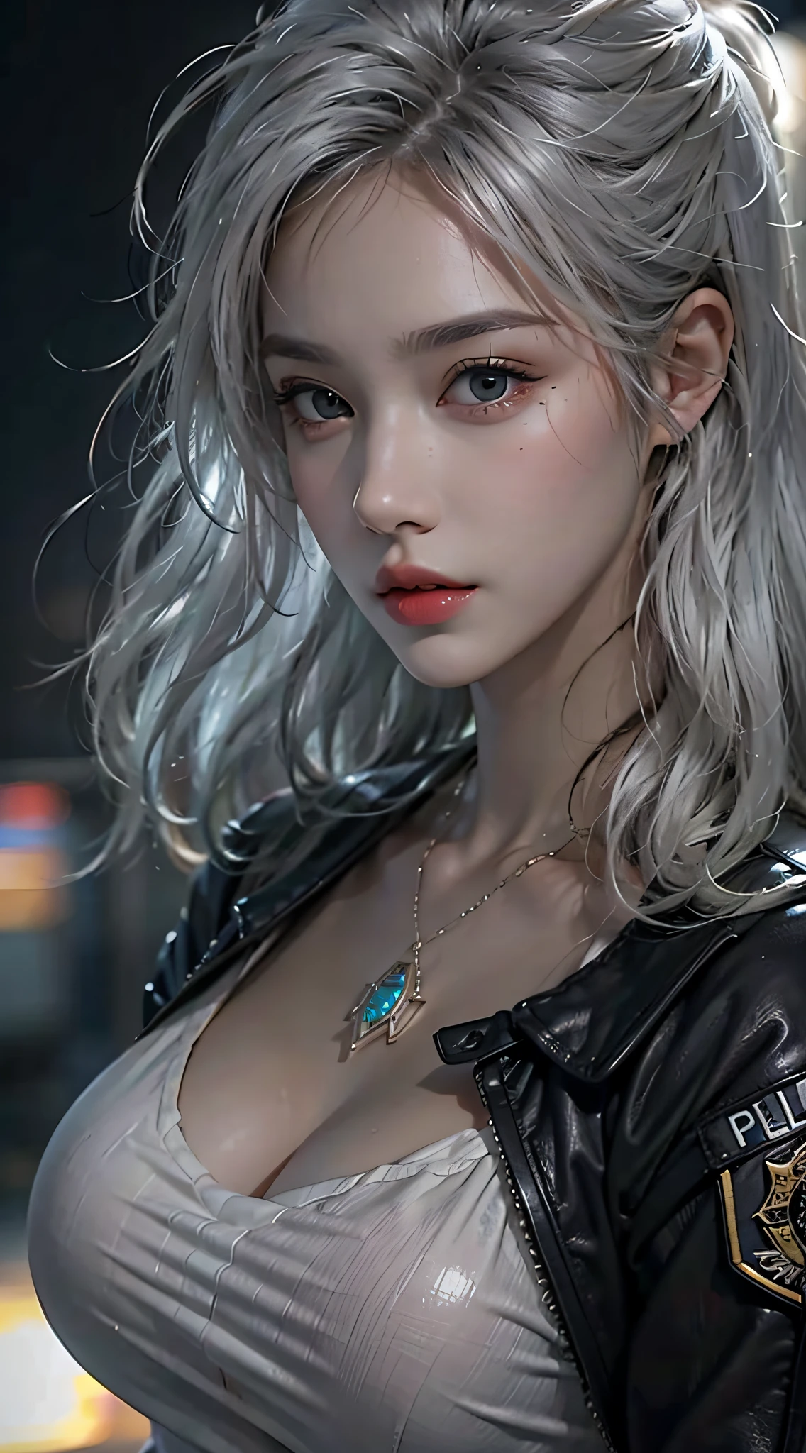 Photorealistic, high resolution, Soft light,1womanl, Solo, Hips up, (Detailed face),tattoo, jewelry, Night City, Police uniform, White hair