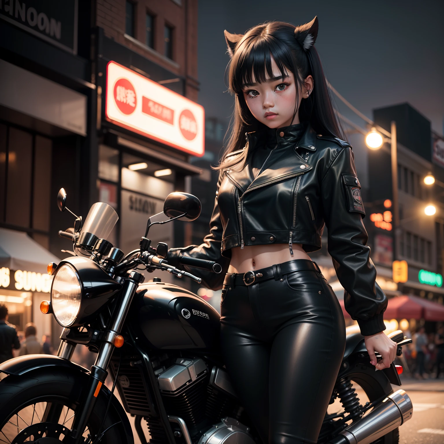 The girl is 17 years old and has black hair, Ultra-detailed black jacket, Black leather pants standing next to a black motorcycle with white lights on, Scene Night Market Street,repression,beast ear,Cute surreal, 8K