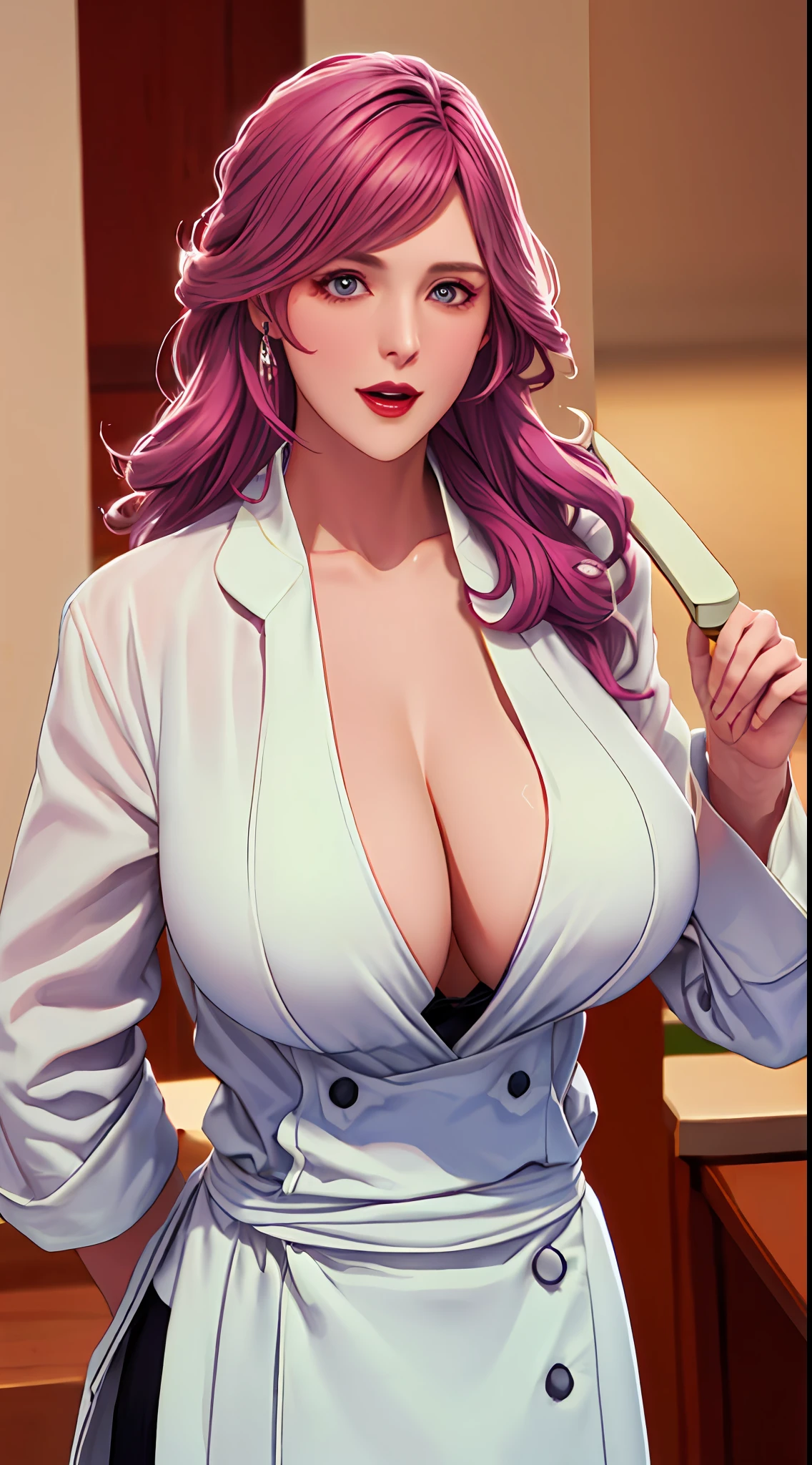 femal_chef,Inverted_Nipples,((Masterpiece)),A high resolution, highlydetailed skin, insanely details, absurderes, ((Best quality)),tmasterpiece,top-quality,best qualityer, (((Long hair,Purple colored hair, Purple eyes, Makeup, Huge breasts,Breast bumps,Exquisite facial features,There is light in the eyes,laughingly,self-assured,White chef's suit,)))