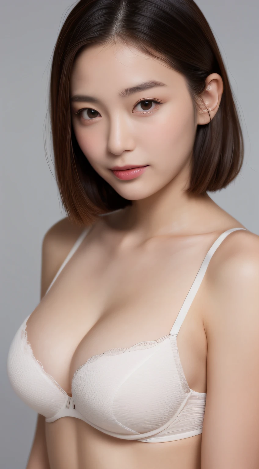 ((Best picture quality, 8K, tmasterpiece:1.3)), 1girll, Beautiful woman with slender abs:1.3, (Casual hairstyle, :1.2), Pink low-cut bra,Super large,The skin is very white,Ultra-fine face, A detailed eye, 二重まぶた,ssmile。Take pictures in cute poses,The figure is very bad,tiny small waist,Super big breasts,Close-up,Close-up chest,White-skinned,The background is casual,Close-up Shot Shot