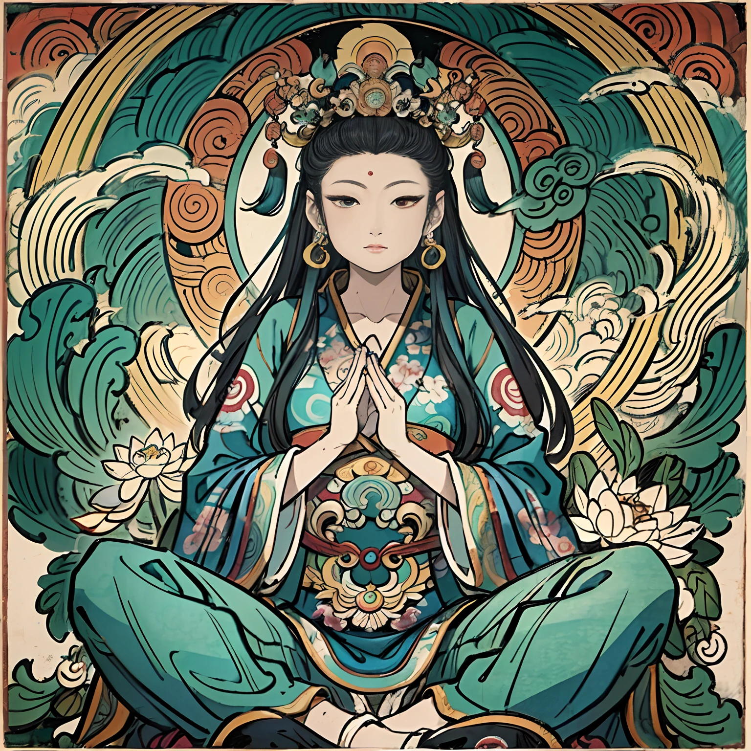 an ancient Chinese goddess, guanyin of the southern seas, Guanyin, Inspired by India, Avalokiteshvara rides a phoenix,,Serene expression,shui mo hua,Buddha,Buddhist,Lotus,Chinese painting style,Thangka style