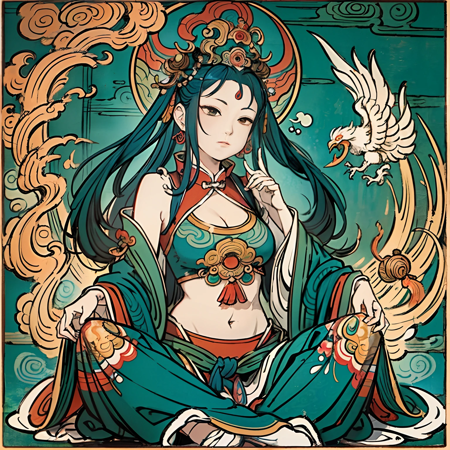 an ancient Chinese goddess, guanyin of the southern seas, Guanyin, Inspired by India, Avalokiteshvara rides a phoenix,,Serene expression,shui mo hua,Buddha,Buddhist,Lotus,Chinese painting style,Thangka style