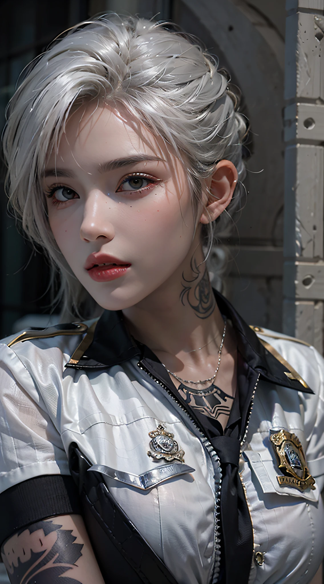 Photorealistic, high resolution, Soft light,1womanl, Solo, Hips up, (Detailed face),tattoo, jewelry, Night City, Police uniform, White hair