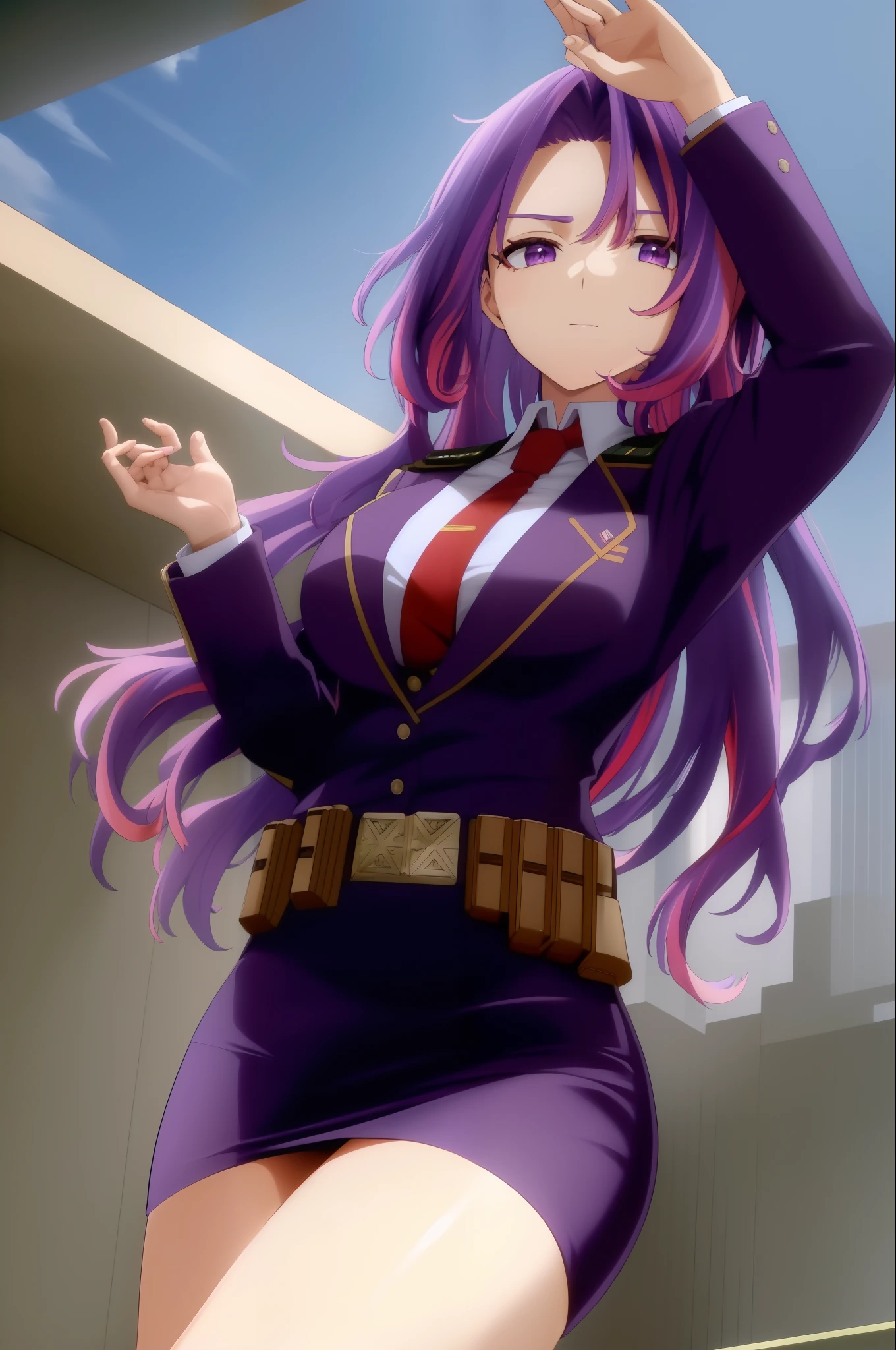 scan, (extremely detailed CG unity 8k wallpaper:1.1), highres, (1girl), lady nagant, boku no hero academia, (purple hair), (multicolored hair), (purple eyes), skirt suit, blazer, pencil skirt, breasts, belt