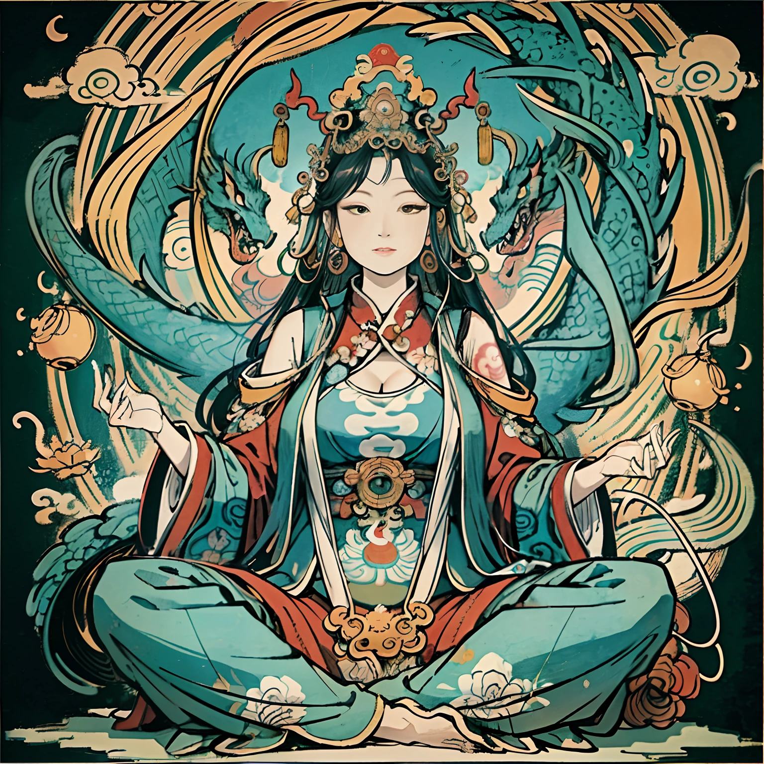 an ancient Chinese goddess, guanyin of the southern seas, Guanyin, Inspired by India, Avalokiteshvara rides a dragon,,Serene expression,shui mo hua,Buddha,Buddhist,Lotus,Chinese painting style,Thangka style