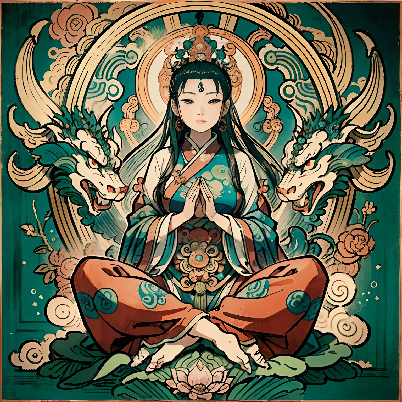 an ancient Chinese goddess, guanyin of the southern seas, Guanyin, Inspired by India, Avalokiteshvara rides a dragon，,Serene expression,shui mo hua,Buddha,Buddhist,Lotus,Chinese painting style,Thangka style
