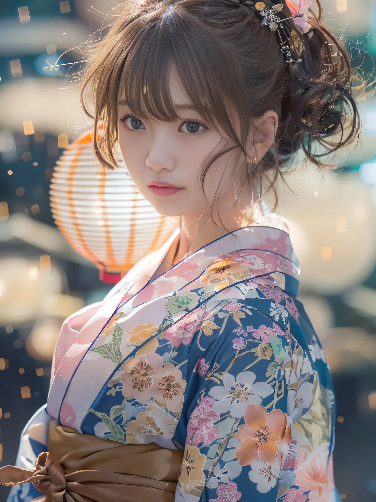 top-quality、masterpiece、超A high resolution、(Expanding night sky)、(Lots of sparkling starry skies)、milkyway、(Photorealsitic:1.4)、Raw photo、Detailed CG image quality、(Floating Lantern:1.4)、Beautiful fece、1girl in、japanes、25-years old、(blue eyess:1.2)、pink lipsticks、A smile、(Brown hair:1.4)、skin tanned、(Hair Ornament:1.4)、(Yukata with a simple pattern:1.4)、cleavage of the breast、detailed portrait、8K picture quality、concept-art、Cinematic and dramatic atmosphere、foco nítido、Volumetric lighting、Cinematographic lighting、Colorful neon lighting、depth of fields、Ambient lighting、Blurred foreground、blurry backround:1.3、(The whole body is visible:1.4)、