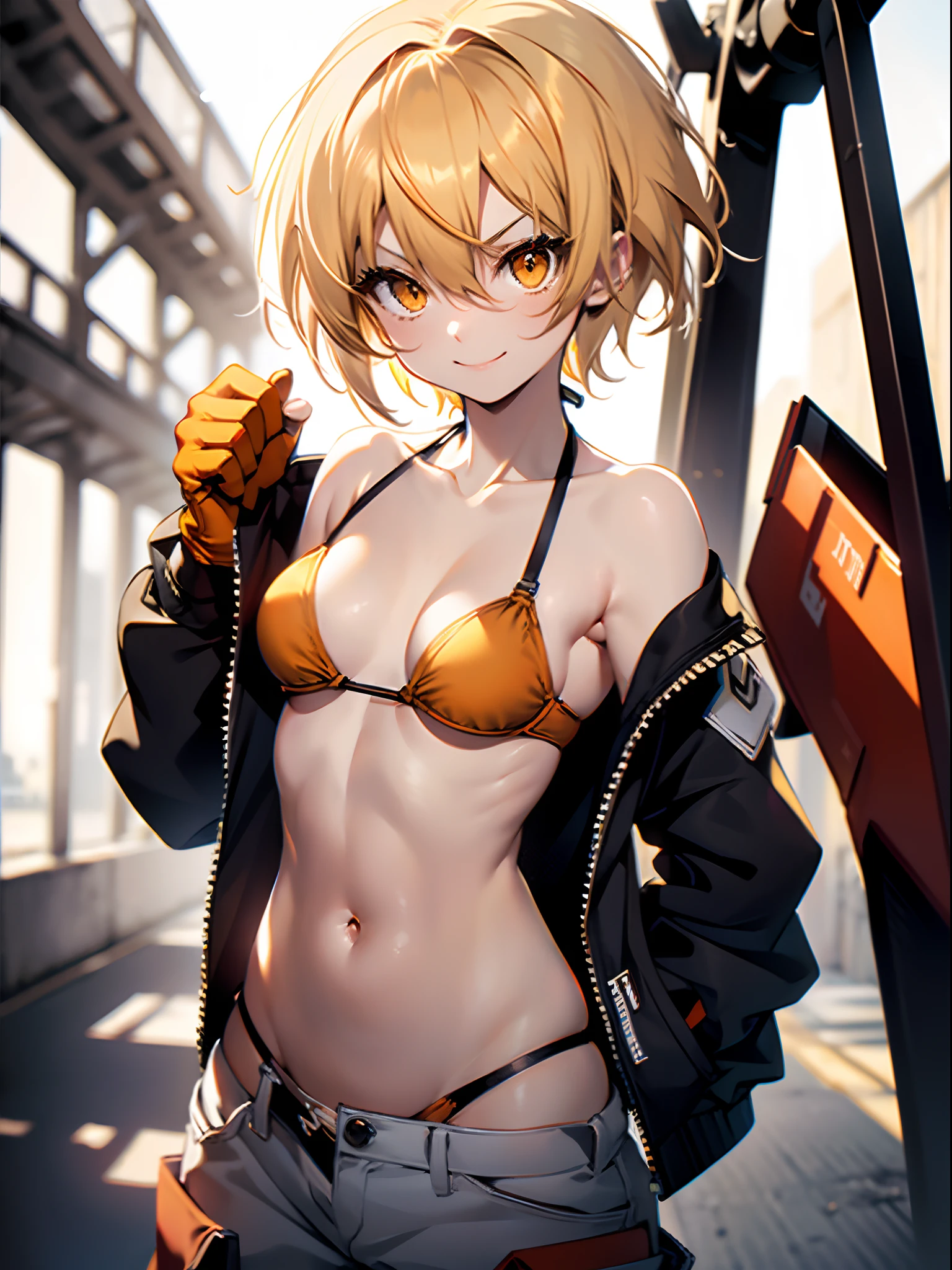 1girl, (solo:1.2), ((masterpiece)), (shadow), [slim], (small breasts), ((sharp focus)), pale skin, ((detailed eyes)), (blurry background), flame effect, (small bikini bra), oversized orange cargo pants, navel, gloves, (collarbone), short hair, golden blonde, golden eyes, smug smile,