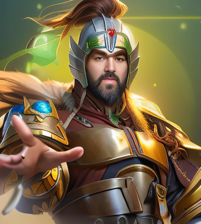 Bearded man in helmet and armor with a sword