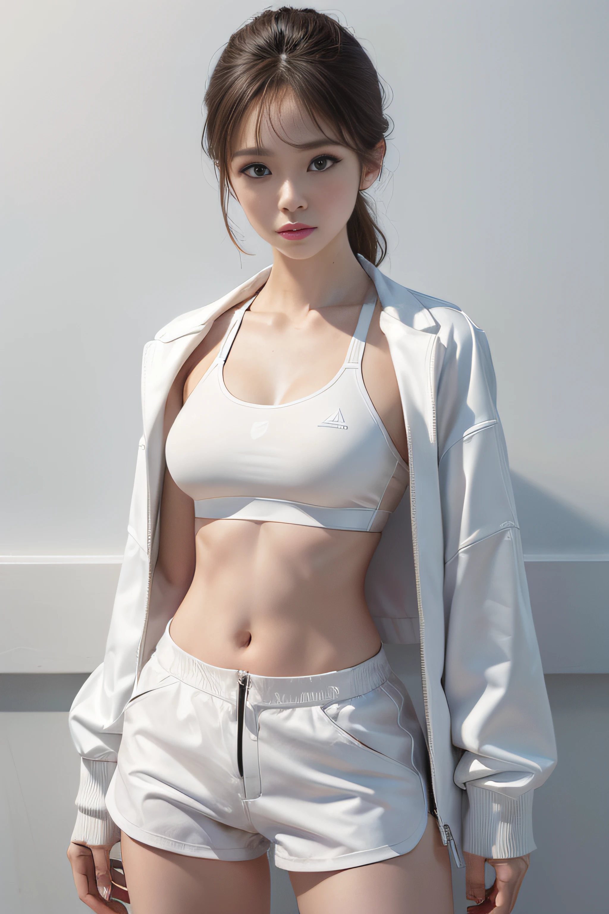 Alafed woman in white jacket and brown shorts poses for photo, sport bra and shirt, smooth translucent white skin, sport bra, Sports Bra, Sultry body with sexy belly, light milky white porcelain skin, smooth body features, White bra, Gorgeous young Korean woman, model with attractive body,  training bra, Open your crotch,tight push up bra,pureerosface_v1:0.8