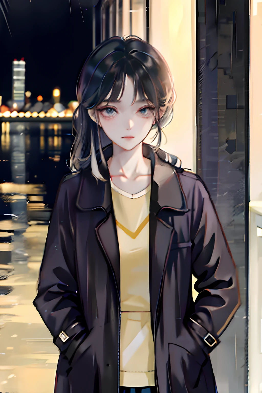 1girl, Night City, rain, coat, hands in pockets