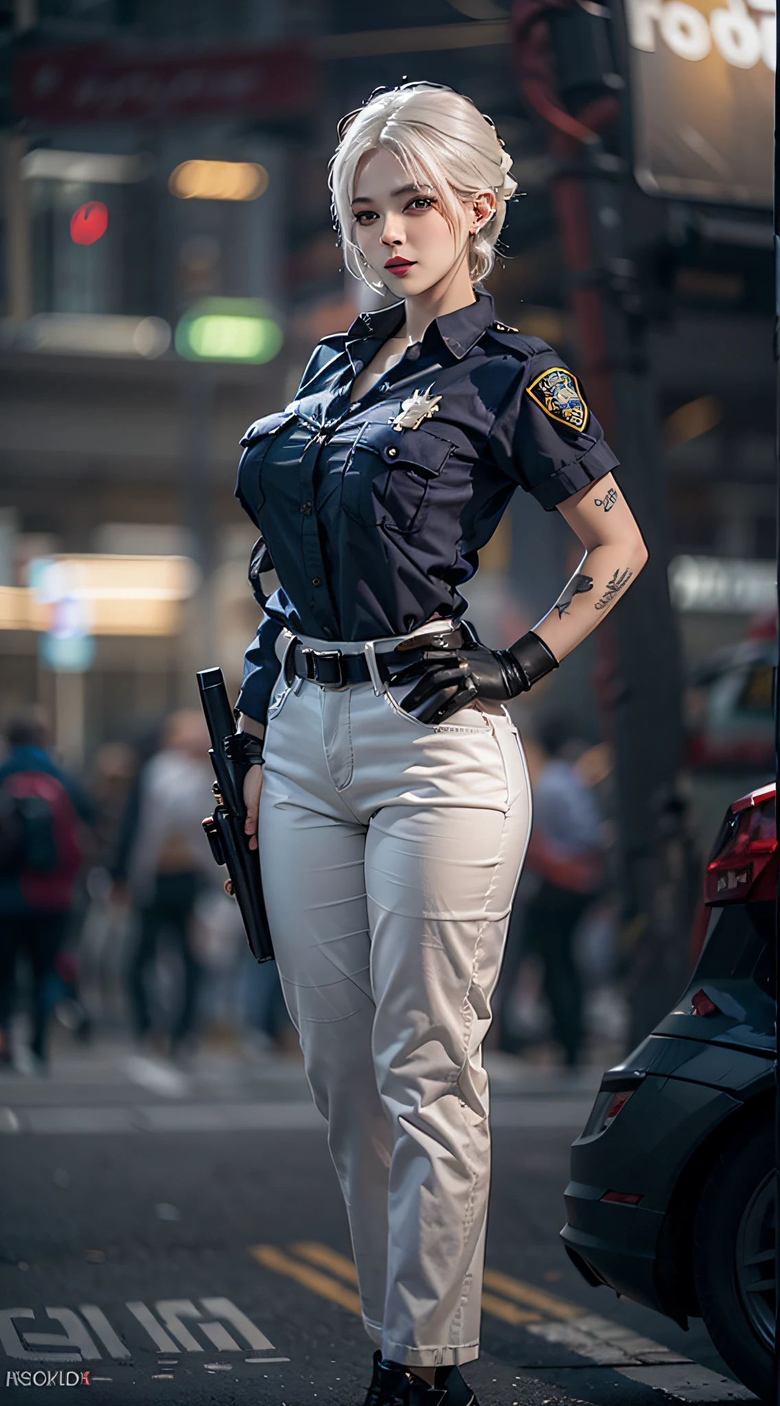 Photorealistic, high resolution, Soft light,1womanl, Solo, Hips up, (Detailed face),tattoo, jewelry, Night City, Police uniform, White hair