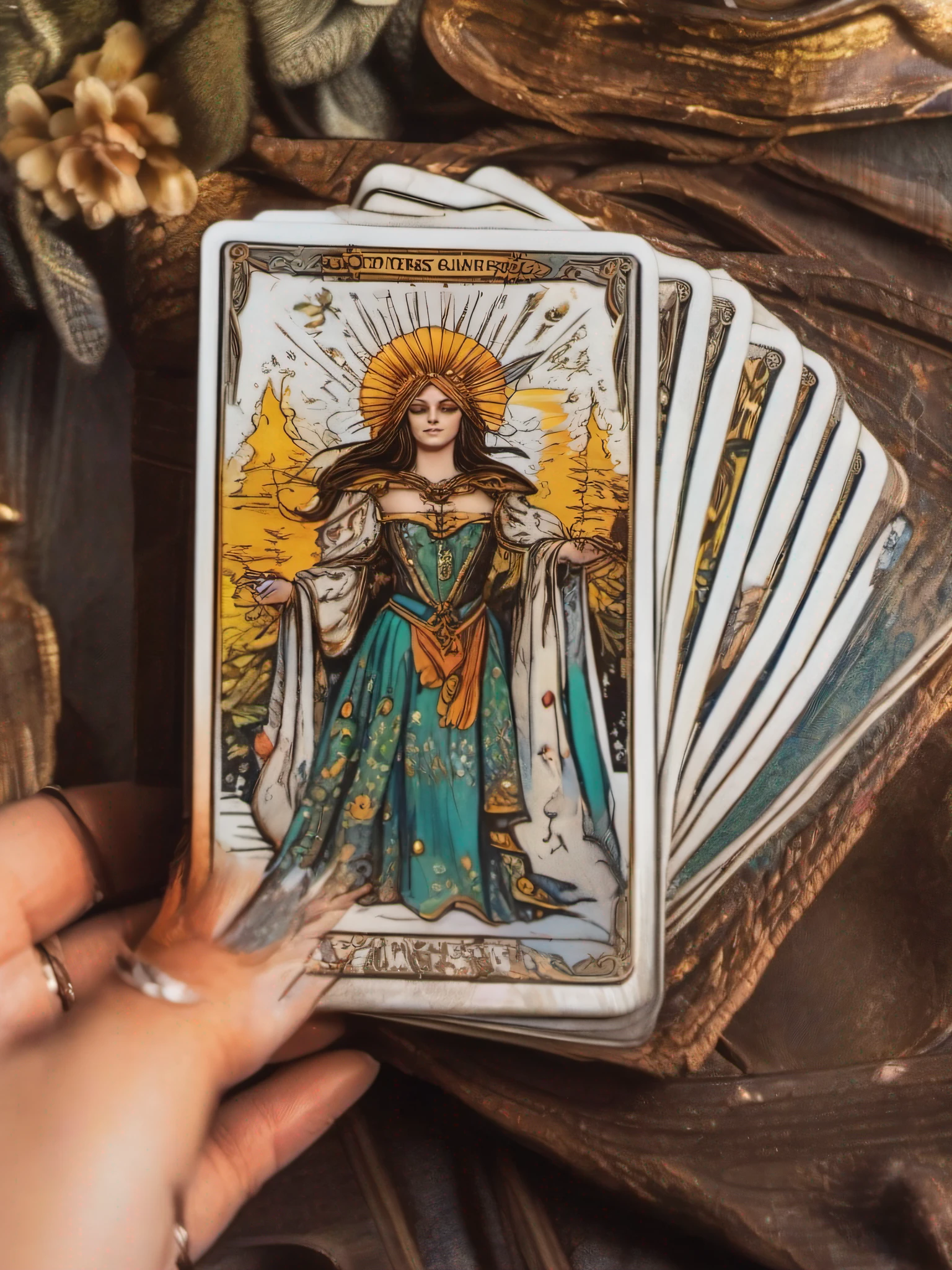a woman holding a stack of cards in her hands, back of hand on the table, Tarot cards, segura cartas de baralho, hand on table, Jogo de cartas, a hand showing a sun card, foto extremamente detalhada, womans hand,
