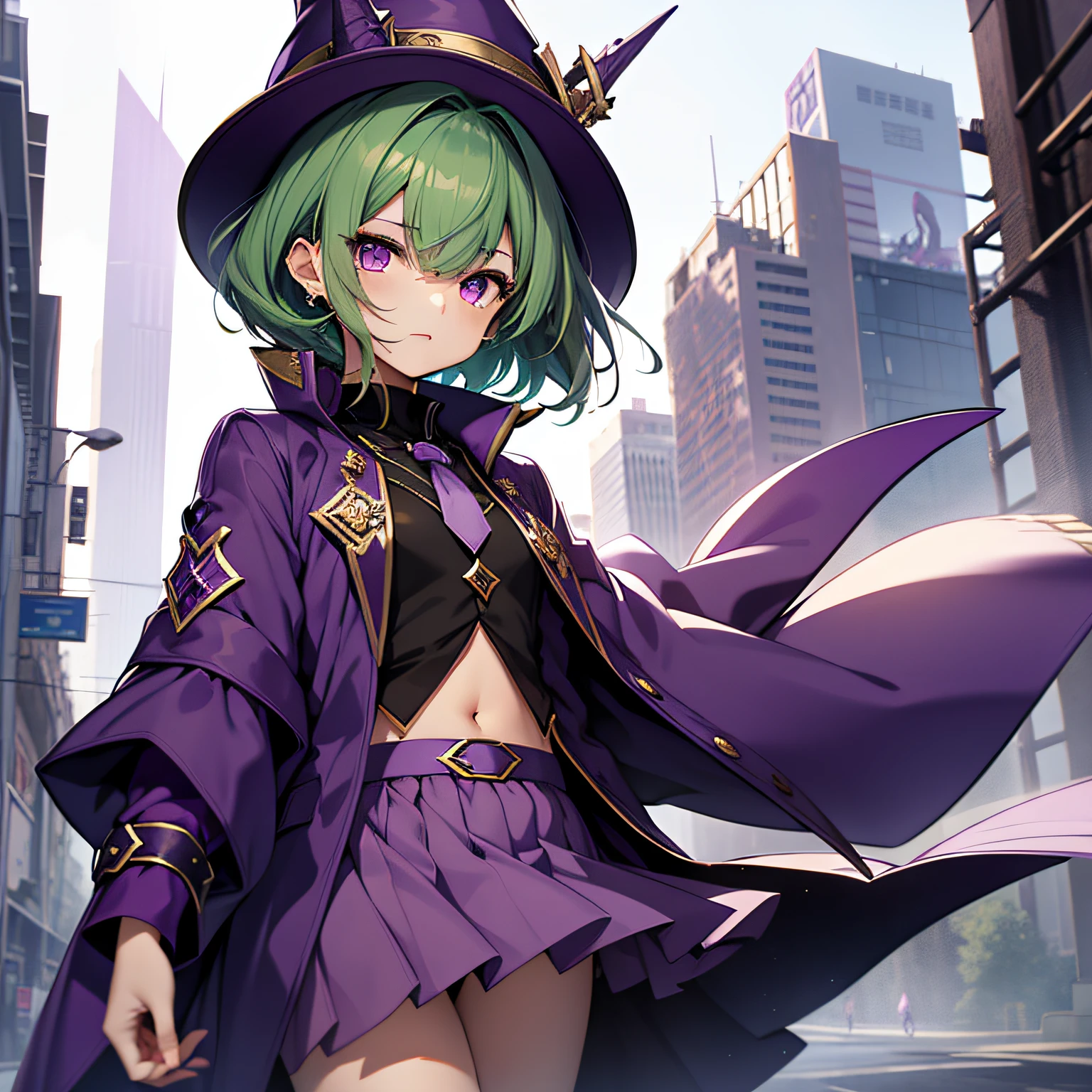 top-quality、extremely delicate and beautiful、(A teenage girl)、Purple Eye、Green hair、short-haired、(Purple pointy hat)、Purple tie、Soio、shortsleeves、Purple skirt、Purple Wizard Robe、Navel,is standing
