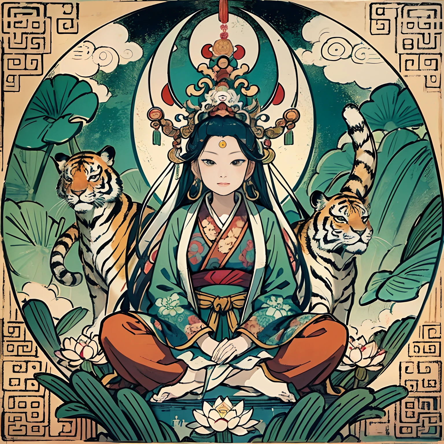 an ancient Chinese goddess, guanyin of the southern seas, Guanyin, Inspired by India, Avalokiteshvara rides a tiger,,Serene expression,shui mo hua,Buddha,Buddhist,Lotus,Chinese painting style,Thangka style