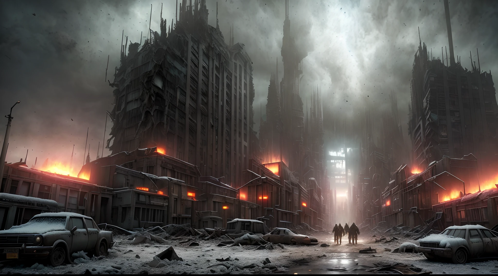 end of the world, epic realistic, (hdr:1.4), (muted colors:1.4), apocalypse, freezing, abandoned, neutral colors, night, screen space refractions, (intricate details), (intricate details, hyperdetailed:1.2), artstation, cinematic shot, vignette, complex background, buildings, snowy