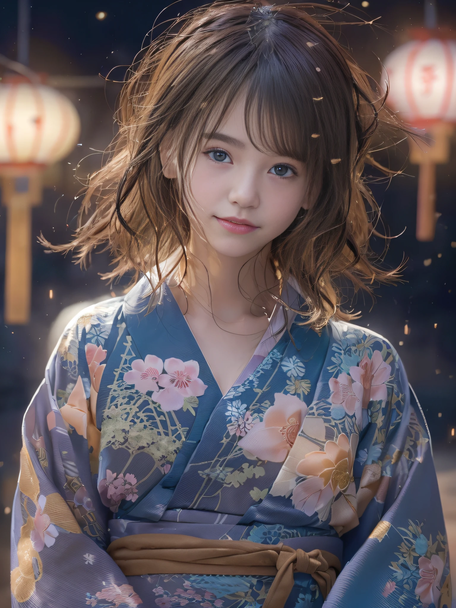 top-quality、​masterpiece、超A high resolution、(Expanding night sky)、(Lots of sparkling starry skies)、milkyway、(Photorealsitic:1.4)、Raw photo、Detailed CG image quality、(Floating Lantern:1.4)、Beautiful fece、1girl in、japanes、25-years old、(blue eyess:1.2)、pink lipsticks、A smile、(Brown hair:1.4)、skin tanned、(Hair Ornament:1.4)、(Thin yukata with a simple pattern:1.4)、cleavage of the breast、detailed portrait、8K picture quality、concept-art、Cinematic and dramatic atmosphere、foco nítido、Volumetric lighting、Cinematographic lighting、Colorful neon lighting、depth of fields、Ambient lighting、Blurred foreground、blurry backround:1.3、(The whole body is visible:1.4)、