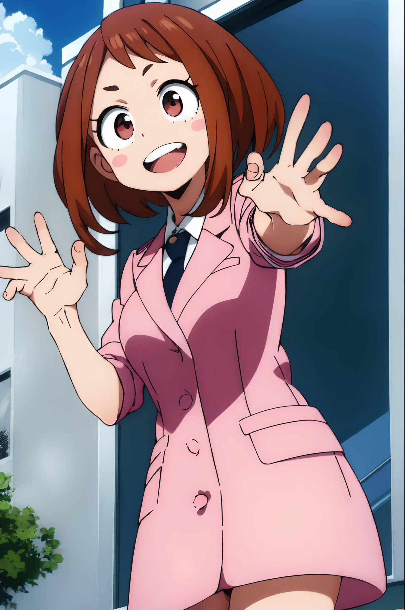 ochaco_uraraka, 1girl, solo, pink skirt suit, necktie, blush_stickers, pink pencil skirt, open_mouth, looking_at_viewer, smile, jacket, sky, day, cloud, pink blazer, :d, long_sleeves, teeth, shirt, blue_sky, tree, outdoors, white_shirt, blush, waving, upper_teeth_only, window, cowboy_shot, standing, cloudy_sky, hands_up