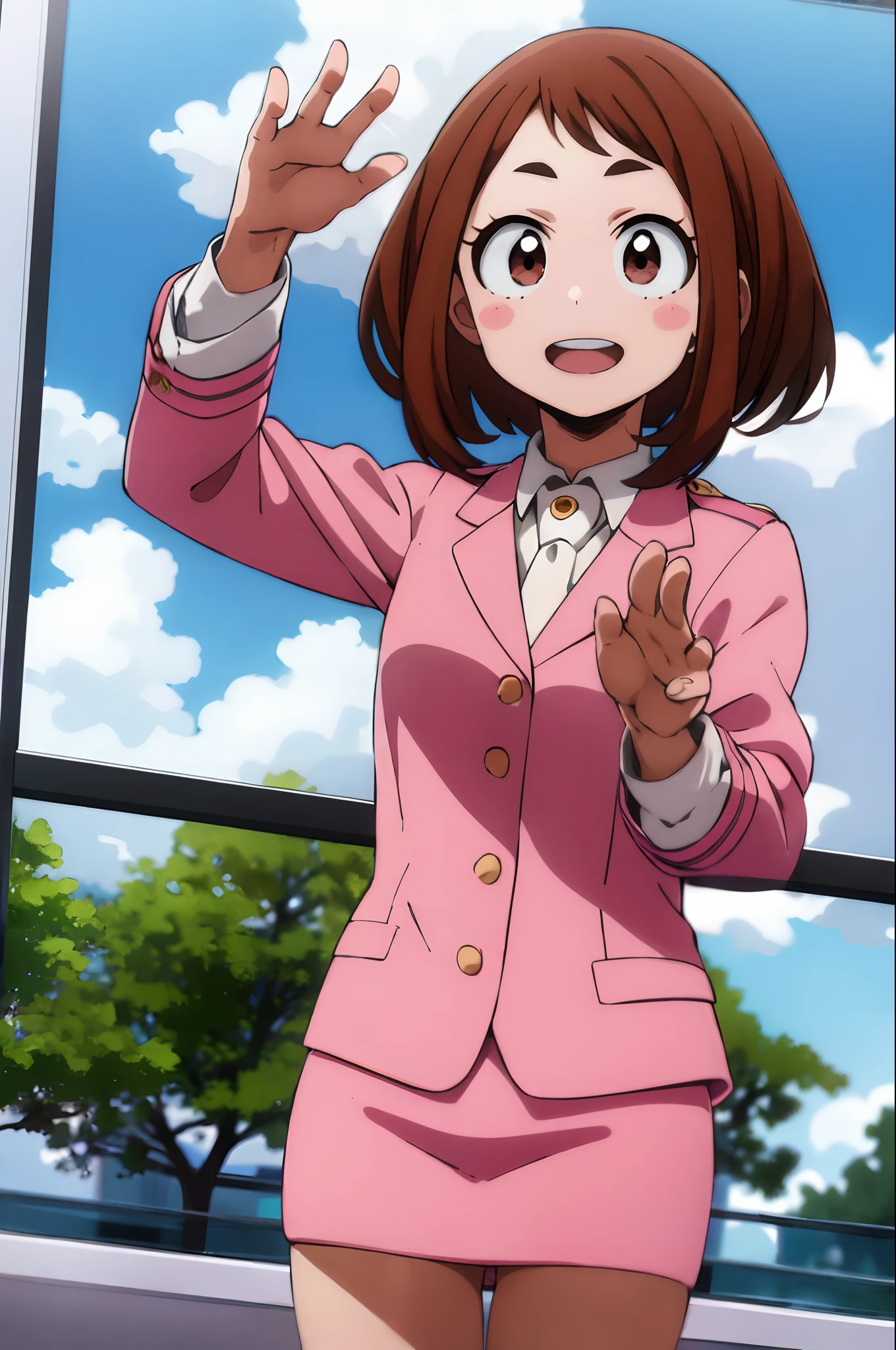 ochaco_uraraka, 1girl, solo, pink skirt suit, necktie, blush_stickers, pink pencil skirt, open_mouth, looking_at_viewer, smile, jacket, sky, day, cloud, pink blazer, :d, long_sleeves, teeth, shirt, blue_sky, tree, outdoors, white_shirt, blush, waving, upper_teeth_only, window, cowboy_shot, standing, cloudy_sky, hands_up