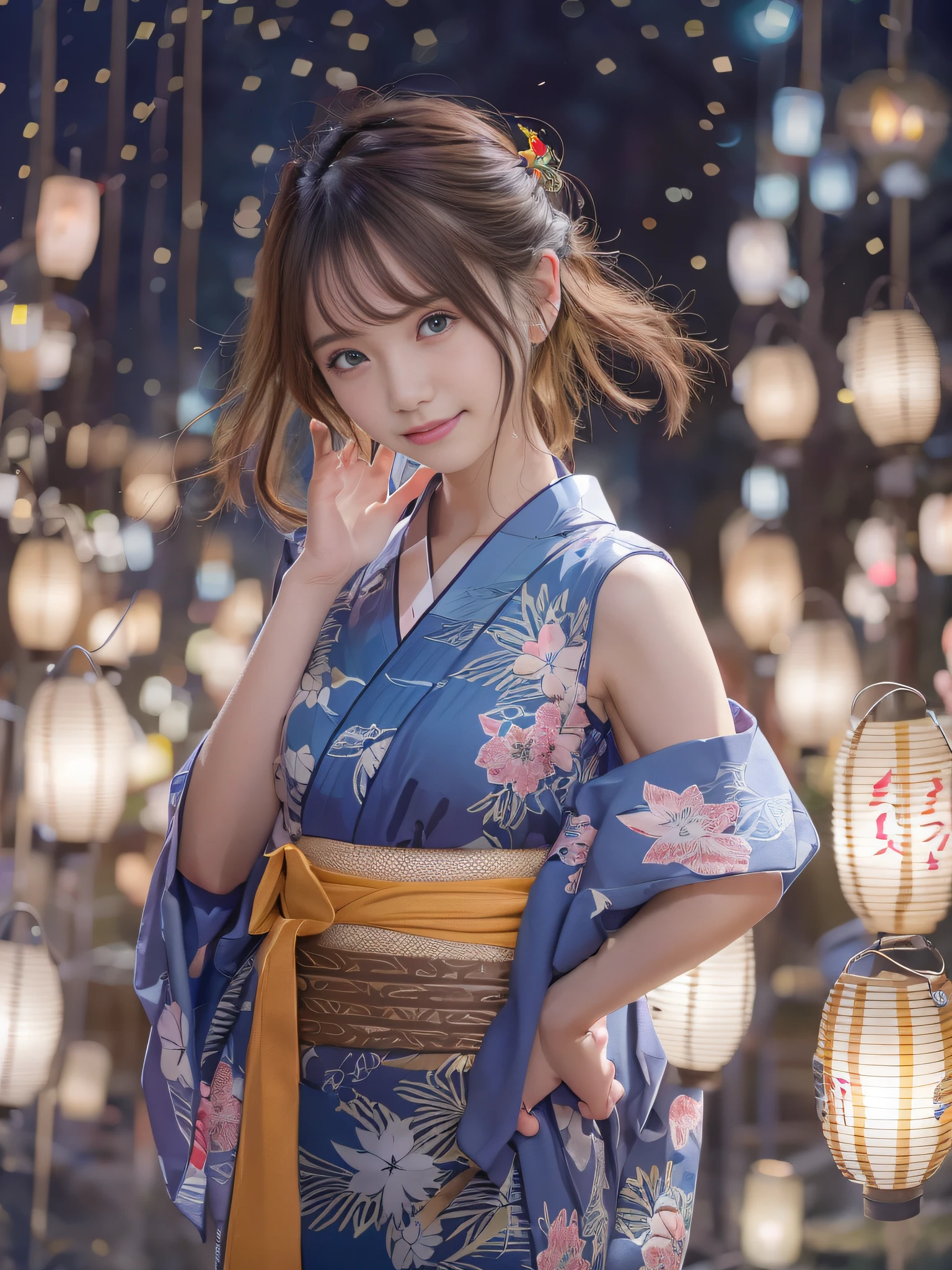 top-quality、​masterpiece、超A high resolution、(Expanding night sky)、(Lots of sparkling starry skies)、milkyway、(Photorealsitic:1.4)、Raw photo、Detailed CG image quality、(Floating Lantern:1.4)、Beautiful fece、1girl in、japanes、25-years old、(blue eyess:1.2)、pink lipsticks、A smile、(Brown hair:1.4)、skin tanned、(Hair Ornament:1.4)、(Thin yukata with a simple pattern:1.4)、cleavage of the breast、detailed portrait、8K picture quality、concept-art、Cinematic and dramatic atmosphere、foco nítido、Volumetric lighting、Cinematographic lighting、Colorful neon lighting、depth of fields、Ambient lighting、Blurred foreground、blurry backround:1.3、(The whole body is visible:1.4)、