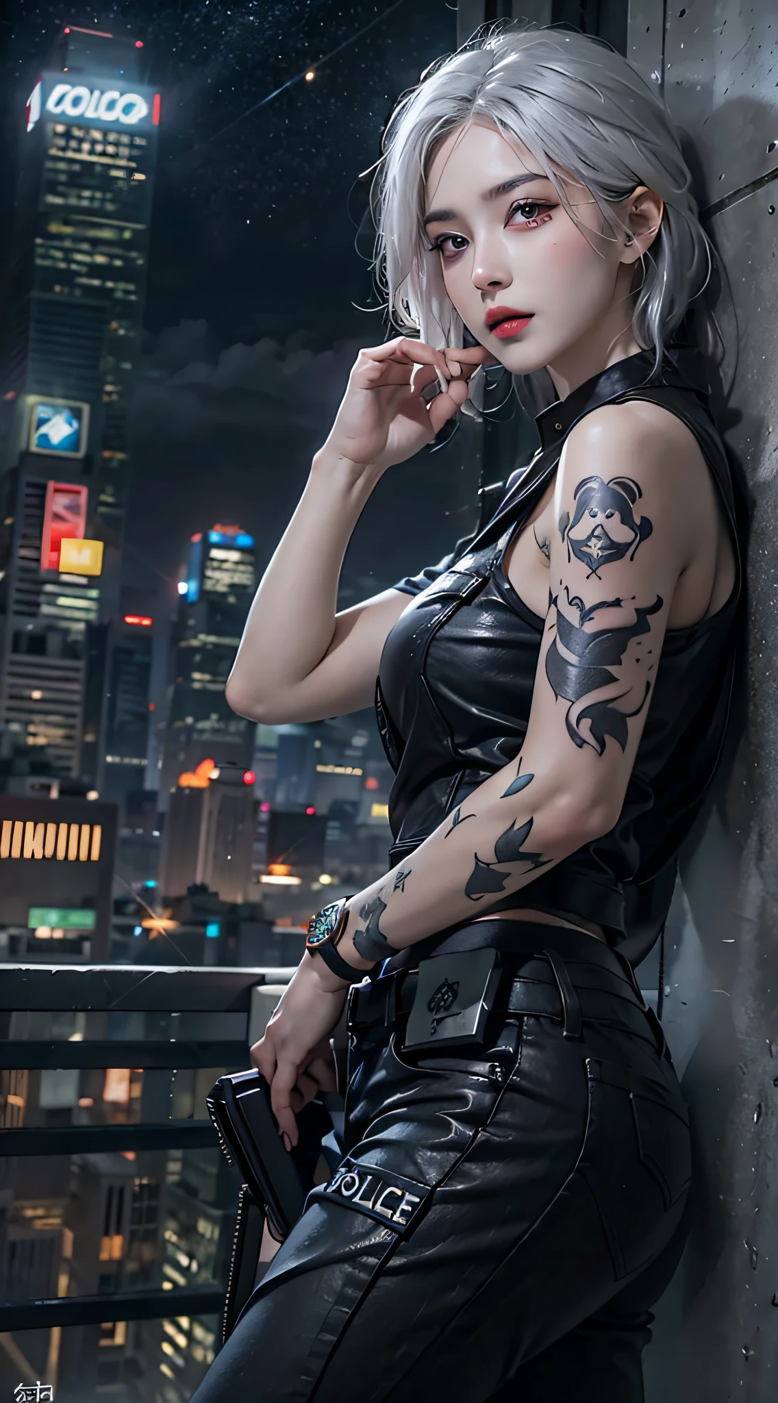 Photorealistic, high resolution, Soft light,1womanl, Solo, Hips up, (Detailed face),tattoo, jewelry, Night City, Police uniform, White hair
