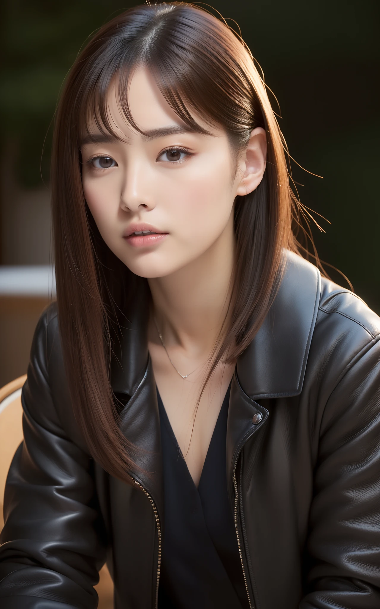 ((top-quality、8K、masterpiece:1.3、超A high resolution))、(Clear focus:1.4)、BREAK、A Japanese Lady、a baby face、1 persons、full body Esbian、(Detailed chair、Legs crossed on a chair:1.2、Stainless steel table、Plastic bottles on the table:1.1)、light skinned、((dark brown hair))、Twin-tailed、(Leather jacket:1.2、Jet black jacket、Detailed fabrics、Long black boots:1.3)、Super fine face、A detailed eye、Narrow-eyed、二重まぶた、Reddish cheeks、Detailed skin、Sweating、Lustrous skin、Shine skin、Shaded skin、Wearing makeup、ruddy lips、Large breasts、Large breasts、looking in camera、BREAK、(细致背景、细致背景、Stylish Italian shop:1.5)、natta、Natural lighting、springtime、dynamic ungle