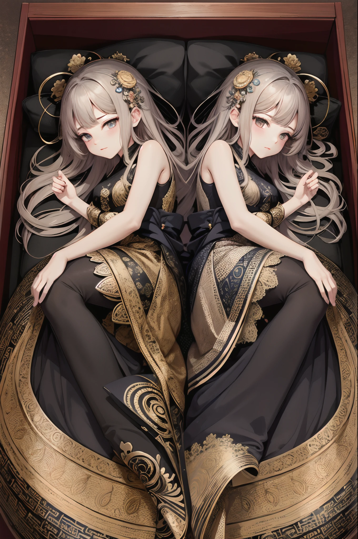 (tmasterpiece,top Quority,best qualtiy,offcial art,Beauty and aesthetics:1.2),Extremely detailed,(s fractal art:1.3),extremely colorful,Most detailed,(master piece:1.2,high high quality),(pixiv:1.4),Song Dynasty gong strokes,Beautiful twin sisters sleeping in a coffin,Real Human