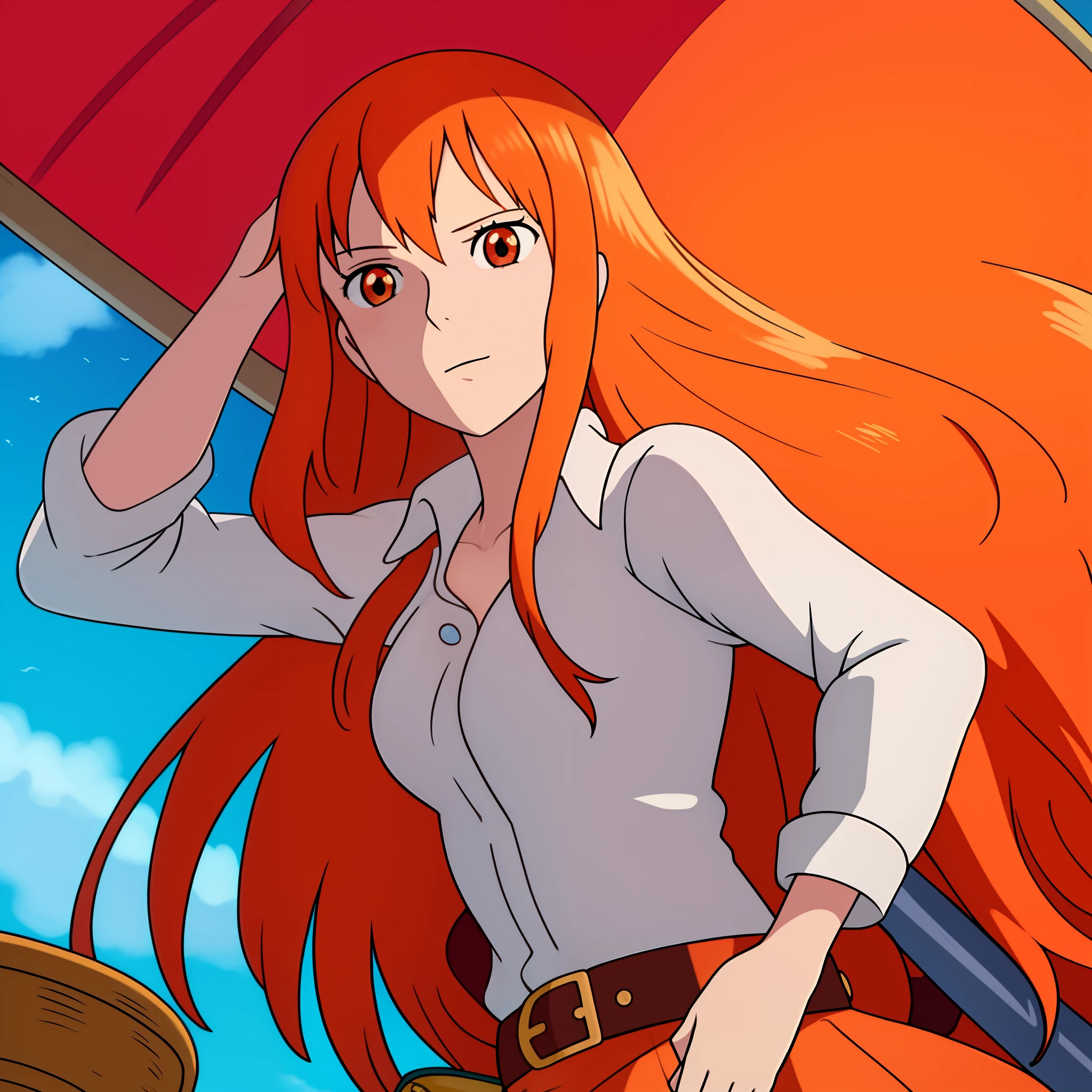 ((best quality)), ((masterpiece)), ((detailed background)), ((high quality illustration)), 1girl, wanostyle, nami 1800, long silky orange hair, orange eyes, high nose, sharp eyes, upper body, noble, inviolable temperament, very beautiful woman, pirate ship background, blue sky, clouds, bracelets, white long sleeve, mini dress, donned another belt, bright eyes, miyazaki hayao