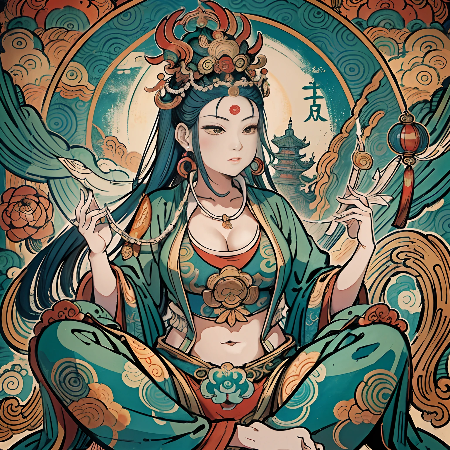 An ancient Chinese goddess, Guanyin of the Southern Seas, radiates serenity with her inspiring countenance, reminiscent of India's Avalokiteshvara Bodhisattva. Surrounded by the ethereal beauty of lotus flowers, she embodies the Buddhist essence with her naked form subtly hinted in a nsfw manner. This captivating image is rendered in the intricate shui mo hua Chinese painting style, showcasing intricate details and delicate brushwork. With vivid colors and stunning resolution in 8k, every element shines like a Thangka, revealing Guanyin's divine and compassionate form. Nsfw, naked, pubic