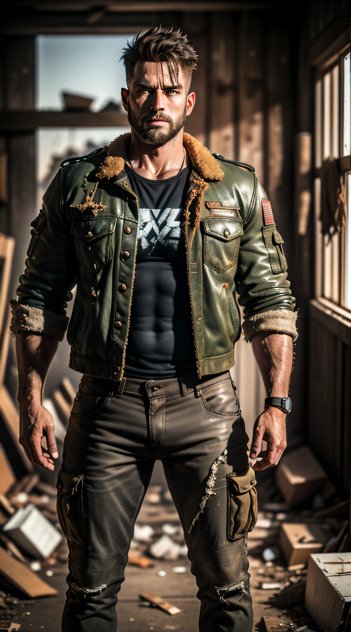 8k, realistic, vray, HDR, 1man, extremely strong, very well detailed old beat up leather jacket, cargo pants, military boots, scar marks, skin texture, stubble, standing in an abandoned shed totally destroyed and full of garbage and remains of equipment, light beam from the sun passing through the gaps, high quality image, apocalyptic and extremely detailed image