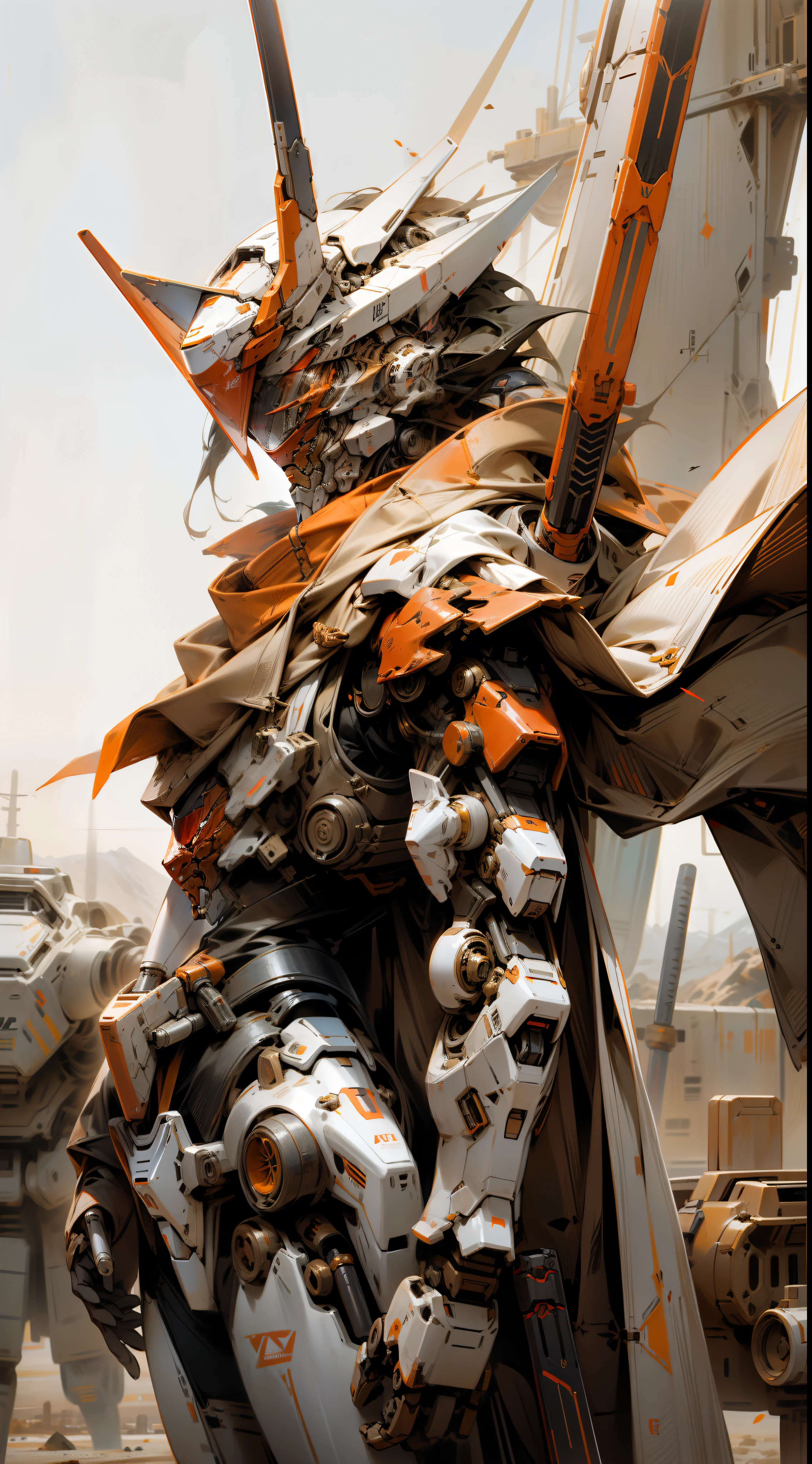 Up，Gundred，droid，White livery，Ready，Domineering，《Anime Gundam》》，lightsabers，Wasteland wind，mechanical face，Desert background，Tattered cloak，Faraway view，Orange details