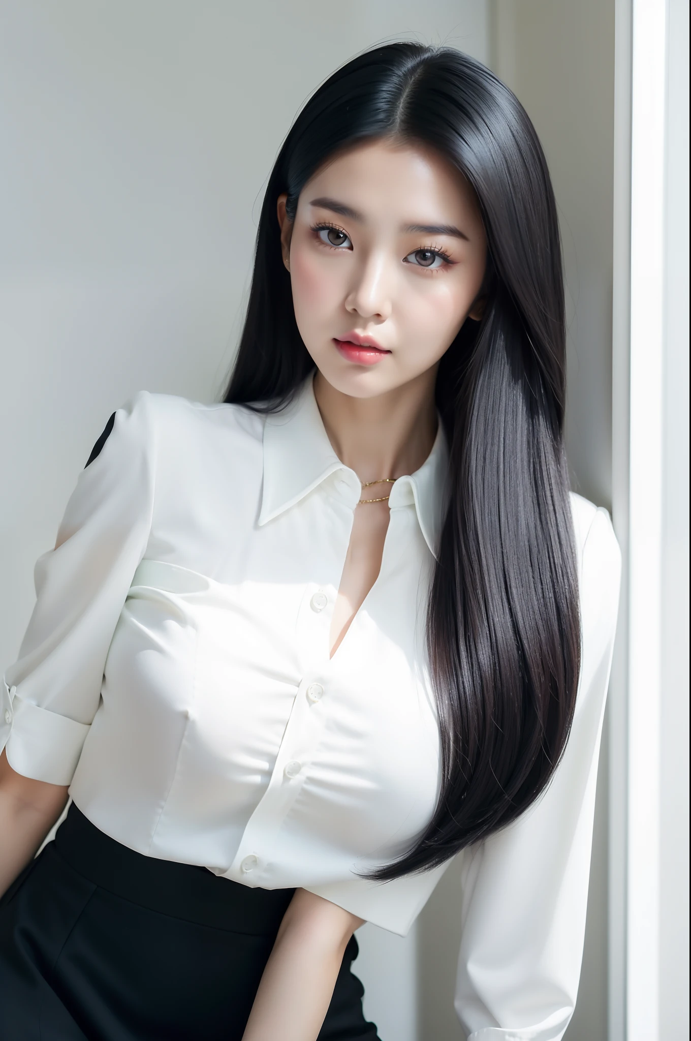 arafed asian woman in a white shirt and black skirt posing for a picture, jaeyeon nam, gorgeous young korean woman, beautiful south korean woman, korean girl, beautiful young korean woman, korean woman, heonhwa choe, korean women's fashion model, smooth white tight clothes suit, sexy look, big breast, rainbow hair